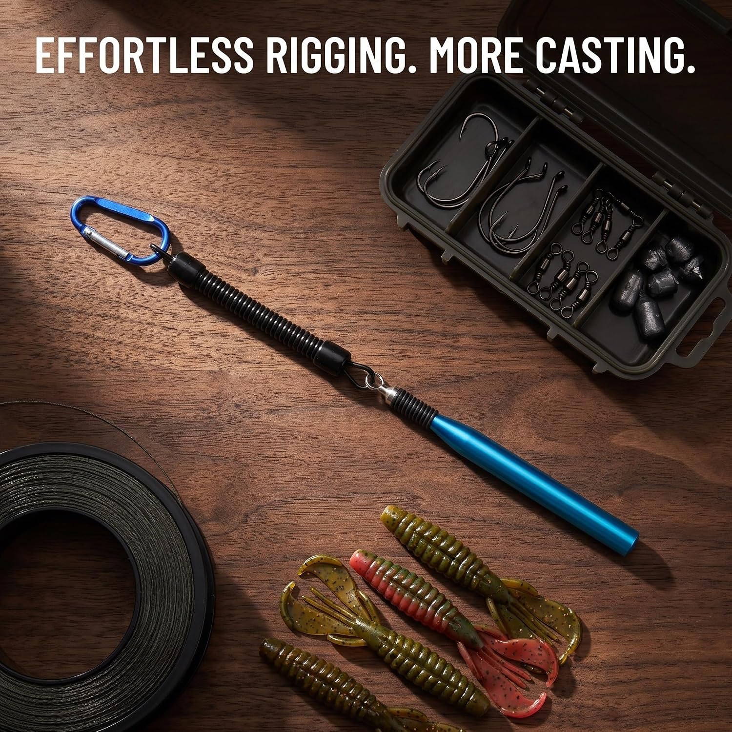 Amosfun Worm Rigging Tool with Detachable Rubber O-Rings and Aluminum Alloy Tube Protector, Ergonomic Fishing Lure Holder for Soft Plastic Worms, Portable Bass Fishing Accessory