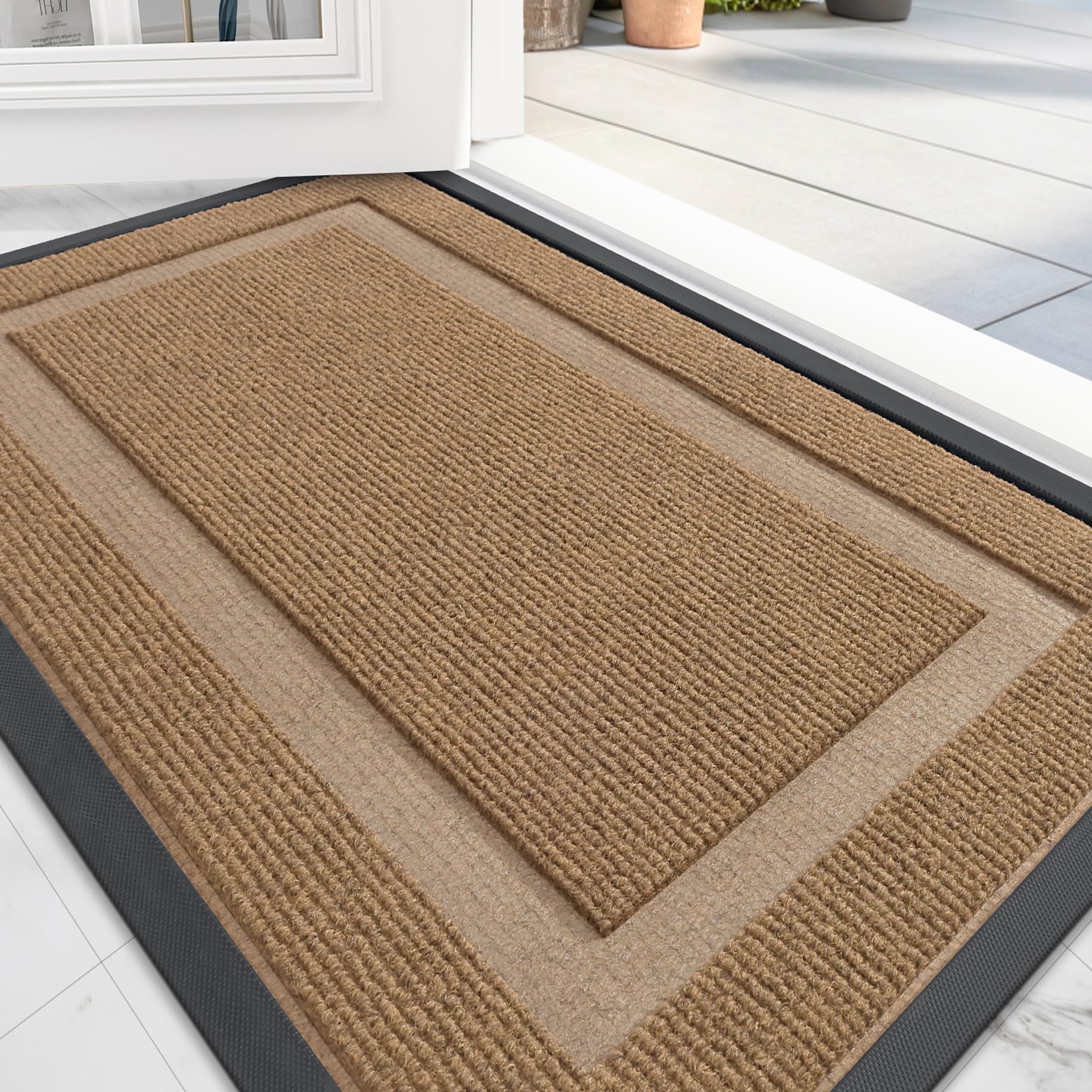 OLANLY Front Door Mat Indoor Outdoor Entrance, Waterproof All-Season, All-Weather Doormat, Sturdy Natural Rubber, Fade Resistant, Low Profile, Easy Clean Patio Porch Entryway Mat, 59x35, Light Brown