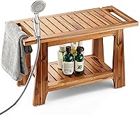 Tinamo 28" Acacia Wood Shower Bench - 400 lbs Capacity Waterproof Stool with Storage Shelf, Towel Bar & Shaving Leg Support