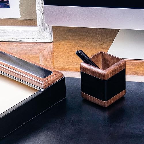 Miniatura 5 de Dacasso Portavasos para lápicesbolígrafos de cuero negro y nogal para escritorio, decoración ejecutiva de lujo y organización de oficina esencial