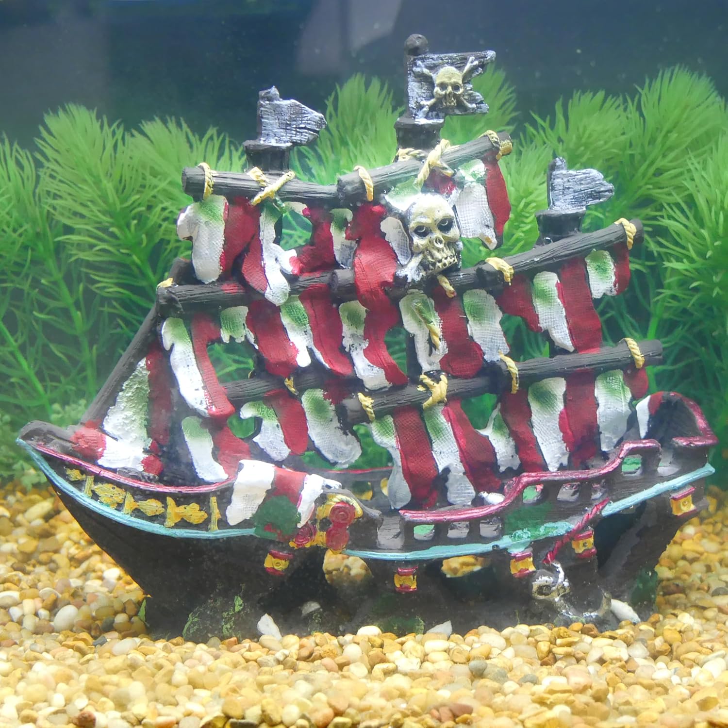 Penn-Plax Striped Sail Shipwreck Aquarium Decoration Ornament Colorful Red and White Design 8.25 Inch