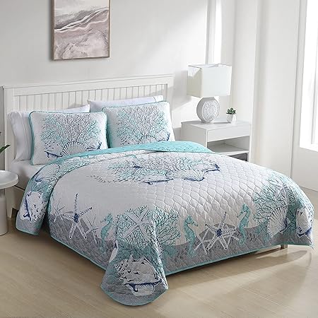 CARIBBEAN JOE Coastal 3-Piece Quilt Set, King, Beach Delight Aqua