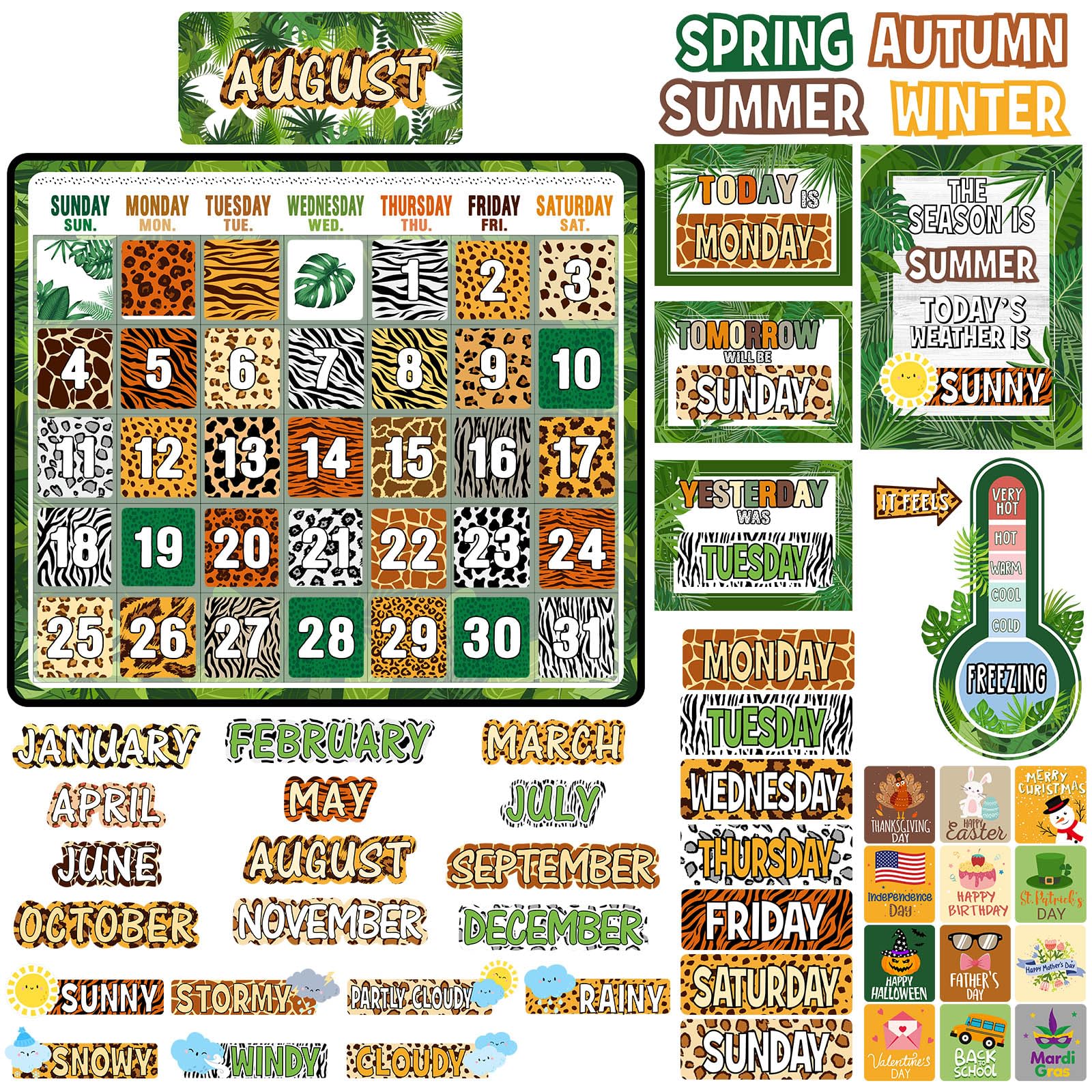 Cholemy 85 Pcs Calendar Bulletin Board Set Classroom Calendar Bulletin Board with Numbers Month Weather Classroom Decoration Wall Decor for Chalkboard Back to School Supplies(Jungle)