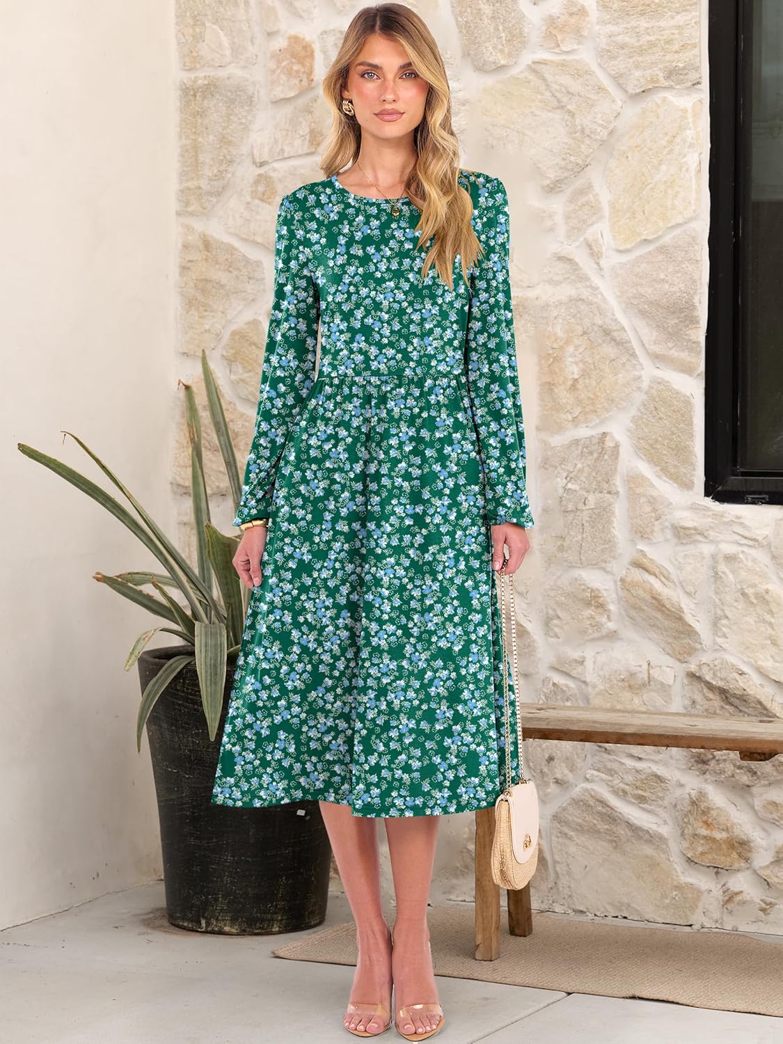 ANRABESS Women Long Sleeve Midi Dress Crewneck 2025 Fall Fashion Casual Flowy A-Line Long Dresses Vacation Outfit with Pocket - Image 3