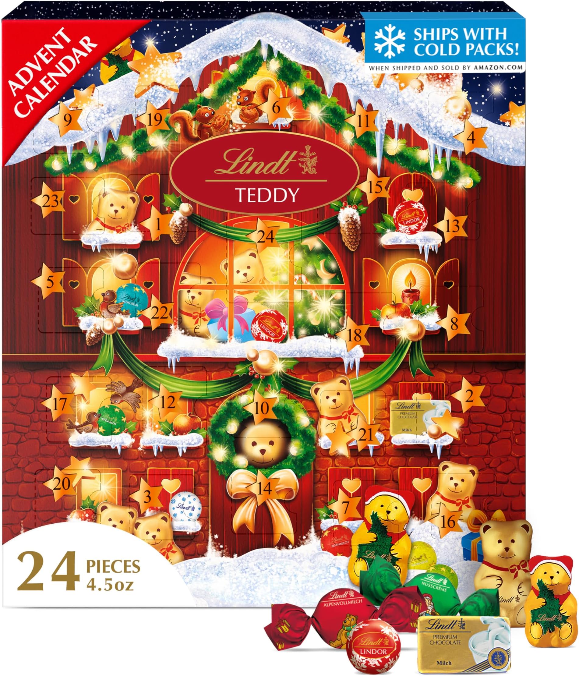 Lindt Holiday Teddy Bear Chocolate Candy Advent Calendar, 4.5 oz.