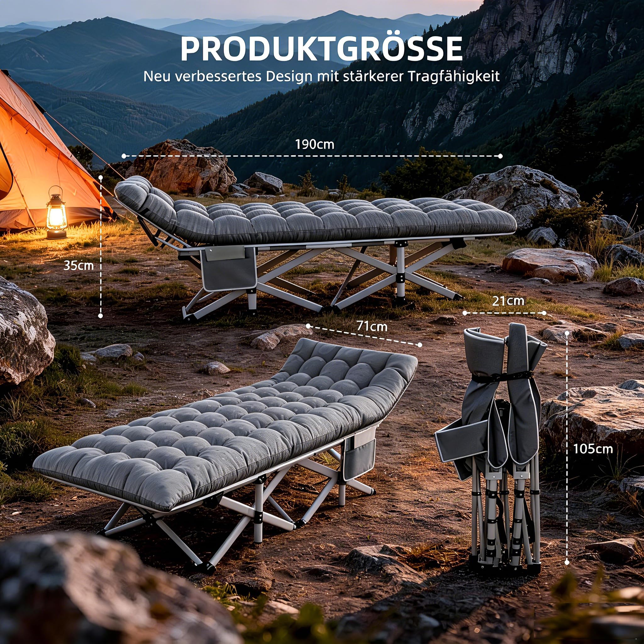Feldbett Klappbar mit Matratze – 7-Zonen Campingbett 200 kg XXL, Wende-Auflage 2-in-1 Sommer & Winter, Schwerlast Gästebett für Outdoor, Innen, Garten & Zelt,