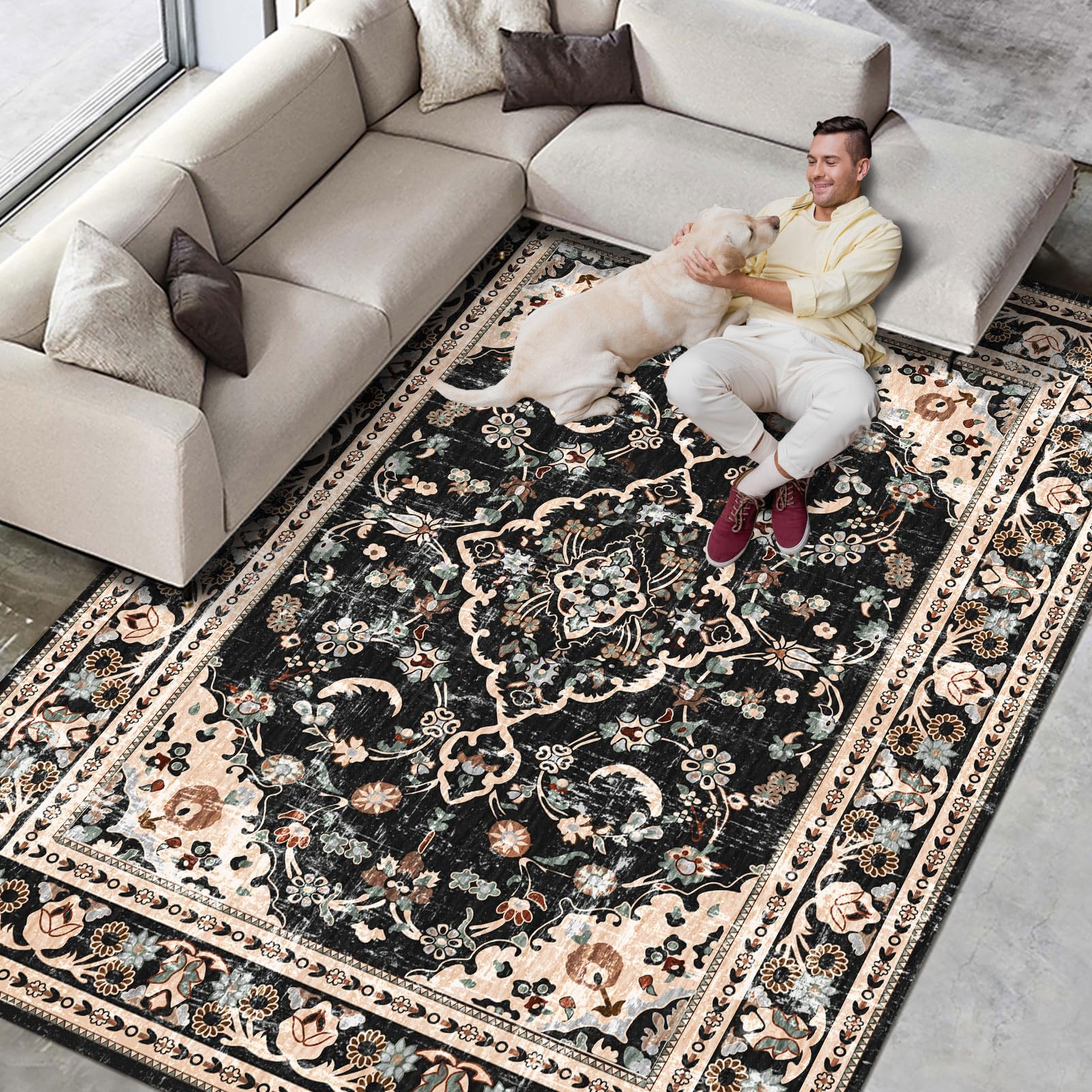 Black and Brown Area Rugs Boho Washable Vintage Modern Neutral Large Carpet 8×10 High Traffic Rugs for Dinning Room Living Room Bedroom Farmhouse Non Slip