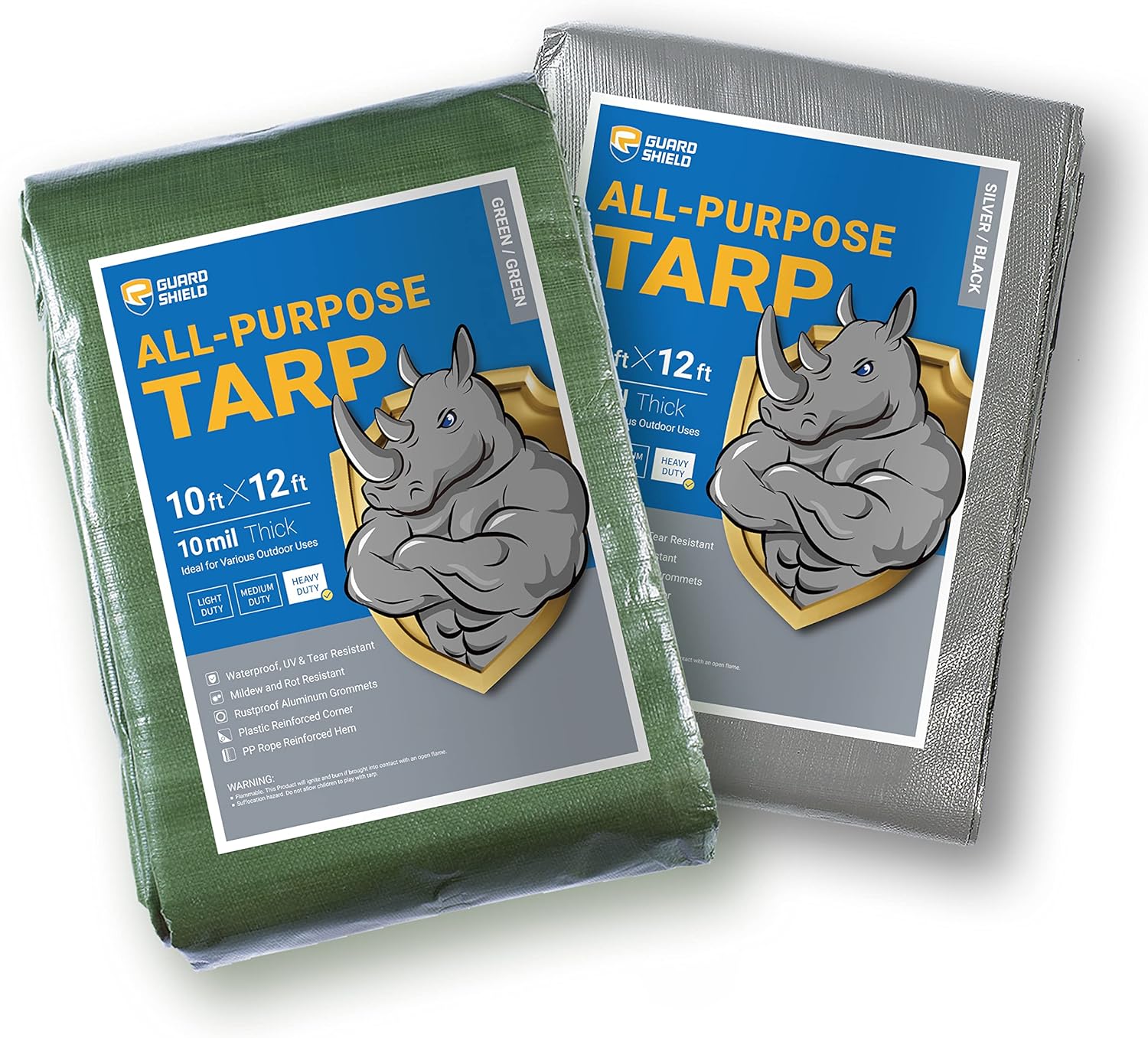 GUARD SHIELD Heavy Duty Tarps 2 Pack Bundle Green and Silver/Black 10x12 Feet Waterproof Poly Tarp Cover Outdoor Thick UV Resistant Tarpaulin with Grommets 10mil