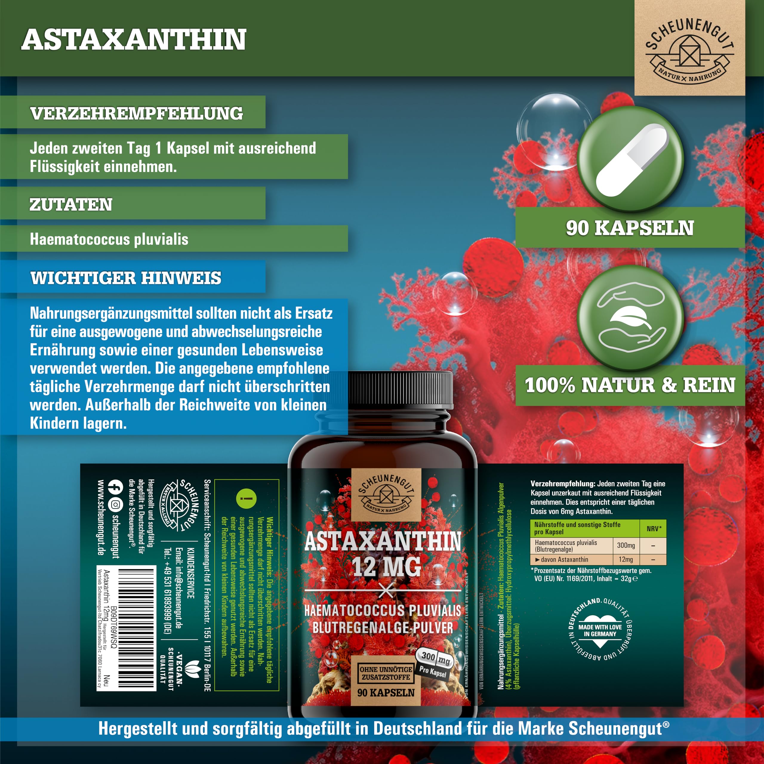 Astaxanthin 12mg -Direkt aus Frankreich- Oxidations-Schutz DE SCHEUNENGUT® | WICHTIG: Oxidationsfrei durch veresterte Struktur -keine China Ware- Zertifiziertes Astaxanthin hochdosiert 90Stk