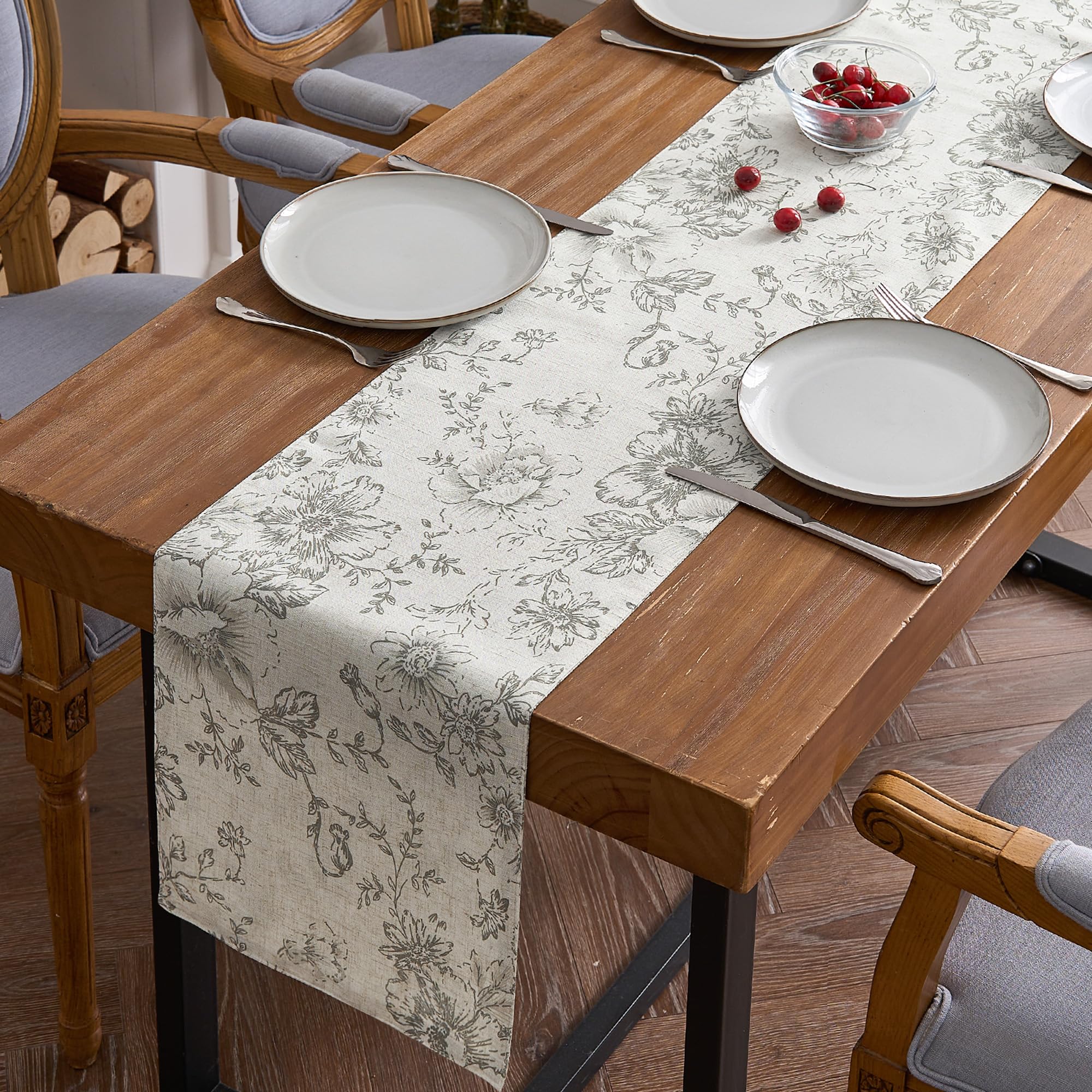 jinchan Floral Linen Table Runner for Kitchen Farmhouse 13 x 90 Inch for Kitchen Island Cloth Dining Table Indoor Outdoor Decor 1 Panel Grey on Beige