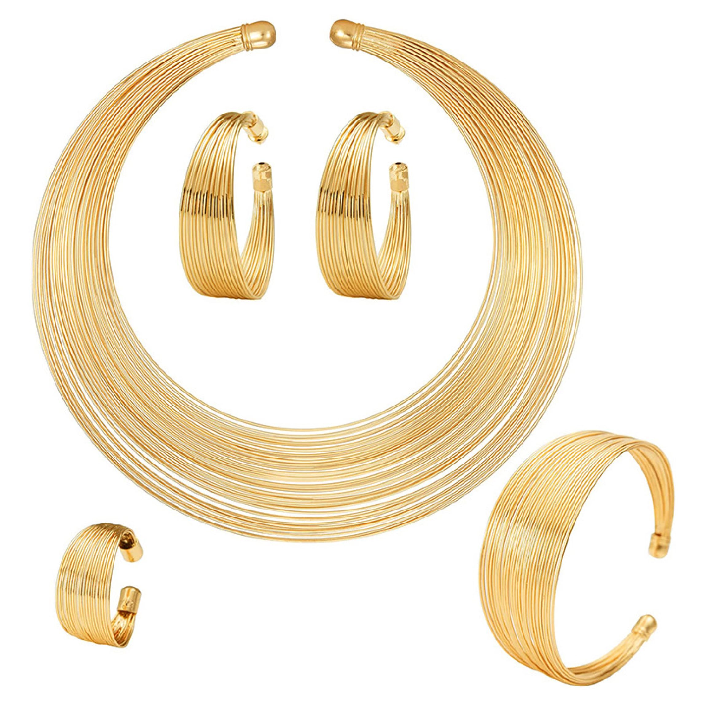 TQPUWT5 Pcs African National Statement Necklace, Women Bib Choker, Women Open Cuff Bracelet African Fashion Chunky Costume Jewelry Set Hoop Earrings, Women Rings Gold Bib Choker Statement Necklaces Jewelry