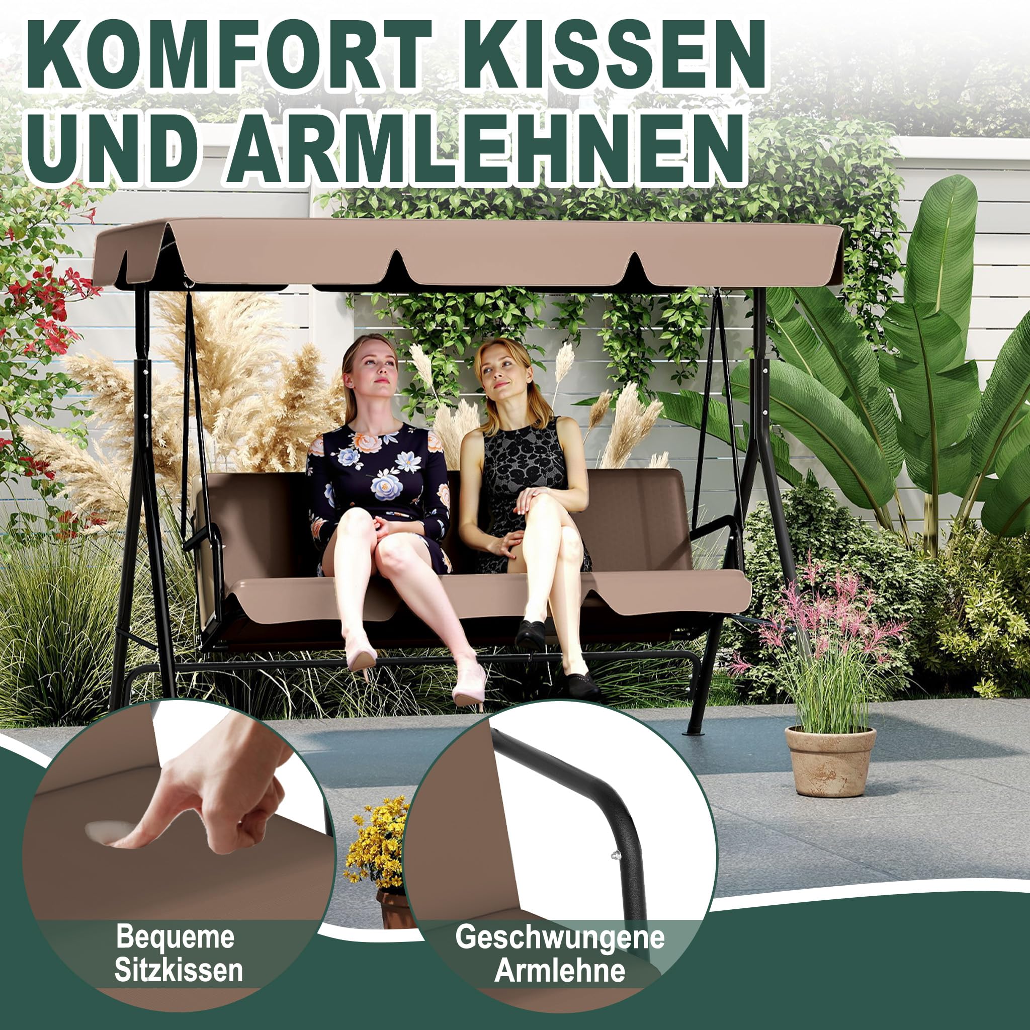 LZQ Balançoire Hollywood 3 places résistante aux intempéries - Avec toit réglable - 176 x 110 x 152 cm - Charge maximale : 200 kg - Pour extérieur, intérieur et extérieur, marron foncé