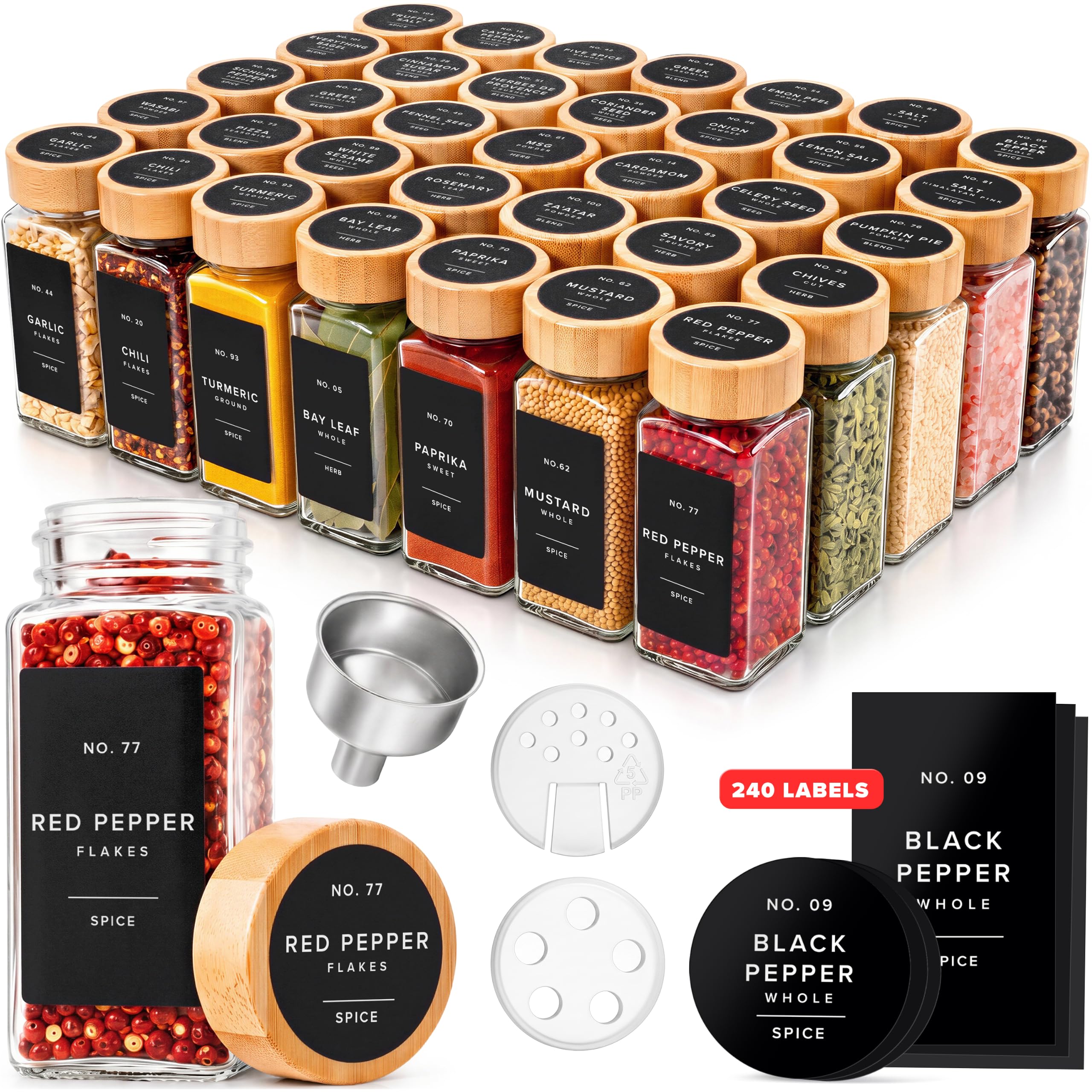 EDELHAUS Glass Spice Jars with Label, 36x Bamboo Wooden Lids - Black Labels