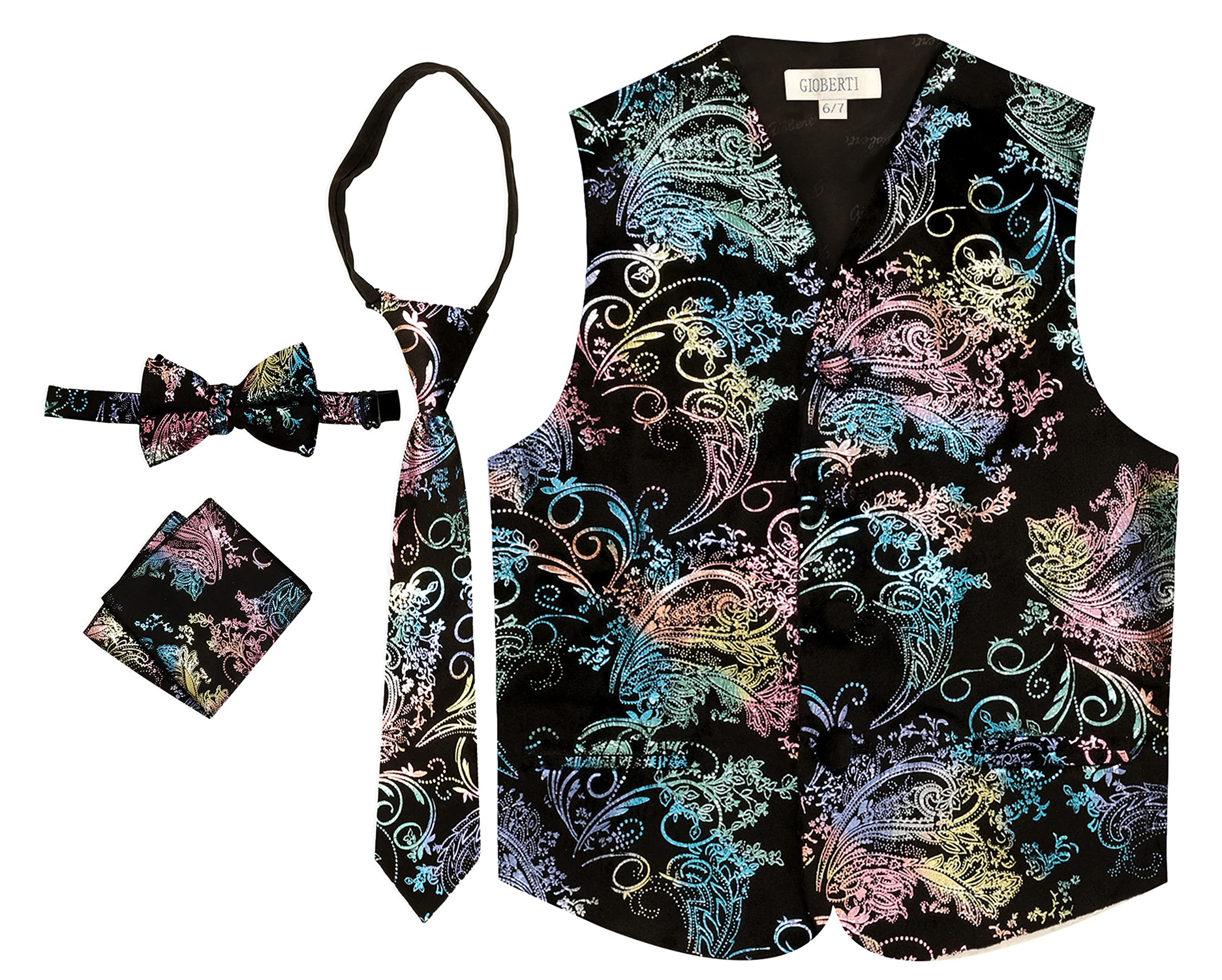Gioberti Kids and Boys 4pc Paisley Vest Set - Vest, Bowtie, Tie, Pocket Square