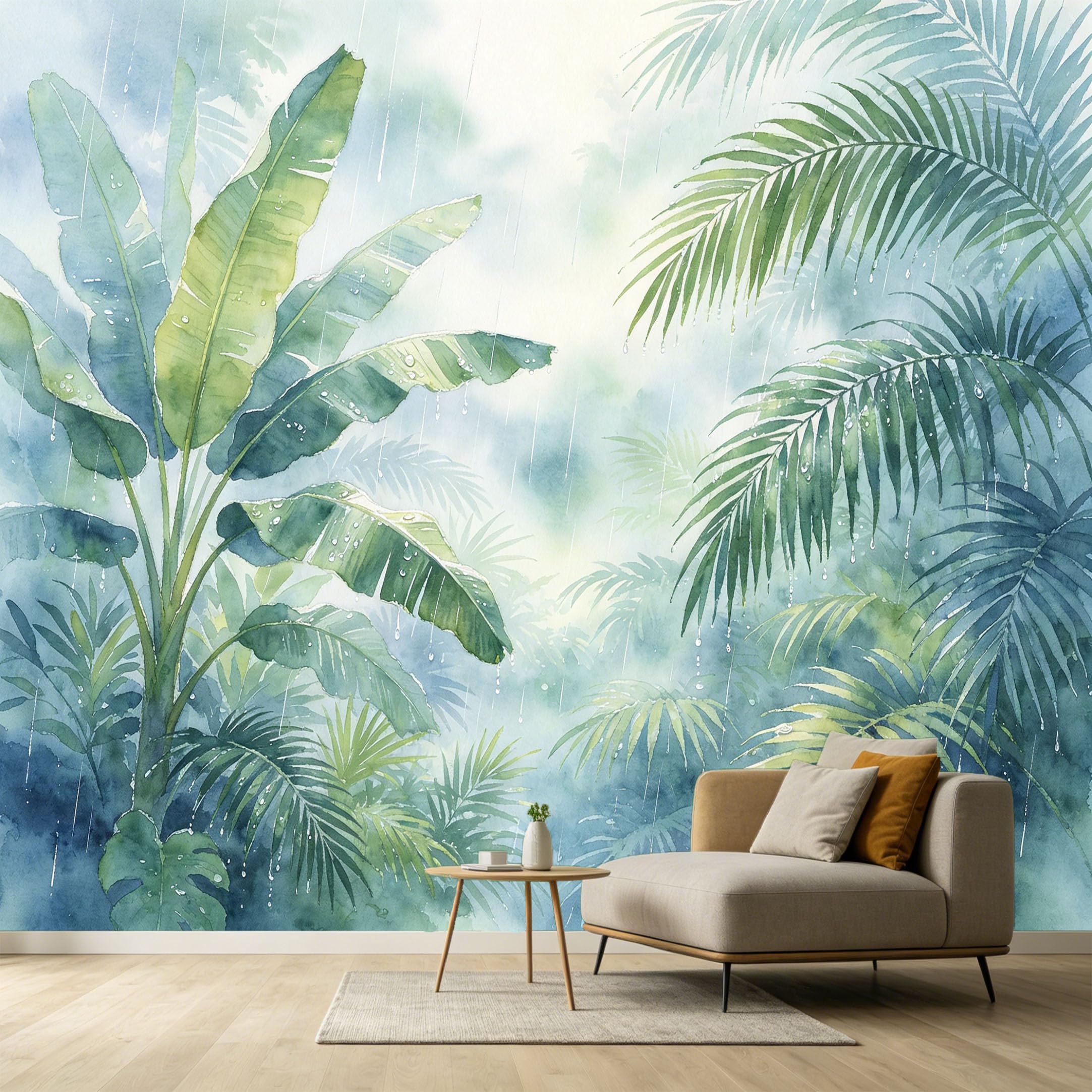 Custom Size Wall Murals Tropical Botanical Watercolor Rain Forest Palm Leaves SelfAdhesive Wall Fabric Removable Large Wallpaper for Photo Living Room