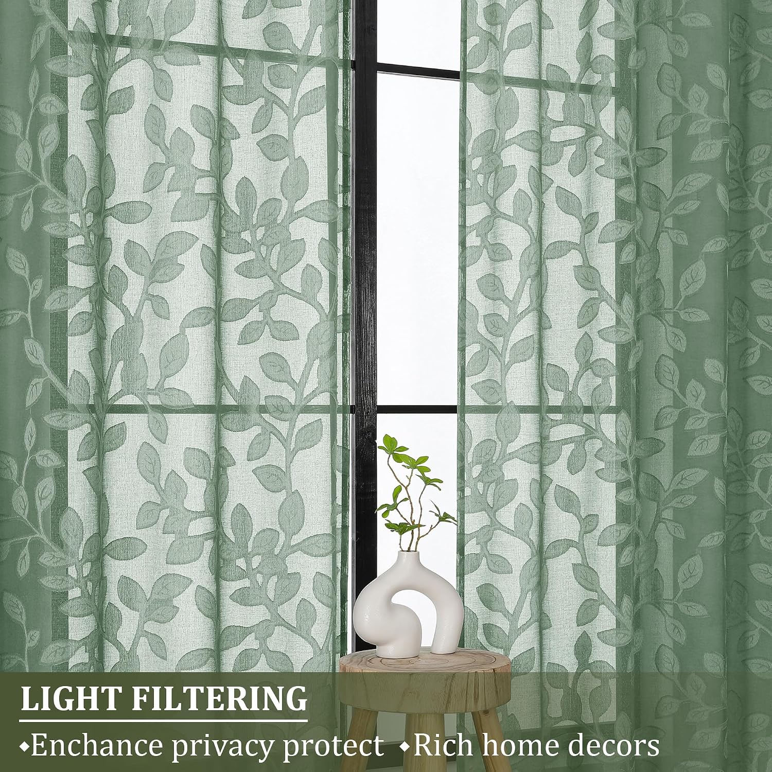OVZME Sage Green Sheer Curtains 54 inches Long 2 Panels for Living Room, Jacquard Clip Leaf Pattern Textured Light Filtering Window Semi Sheer Voile Drapes for Bedroom, Each Panel 42 x 54 Inch