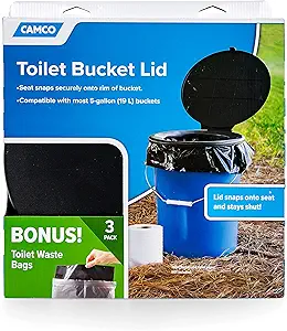 Camco Bucket Toilet Seat with Lid | Fits 5 Gallon Buckets | Includes 3 Bonus Toilet Waste Bags (41546), Black