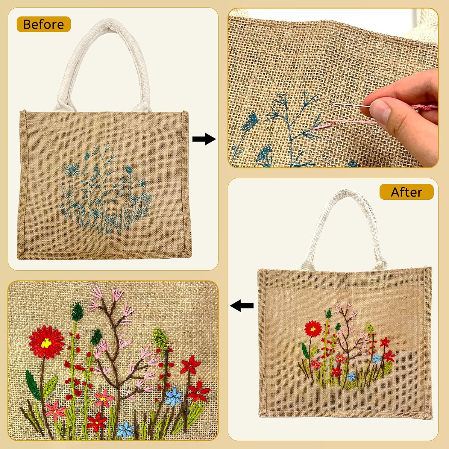 SNAIL GARDEN Linen Tote Bag DIY Embroidery Kit for Beginners with Scarf, Printed Cross Stitch Craft Kit with Thread, Needle & Guide – Reusable Grocery Bag for Women