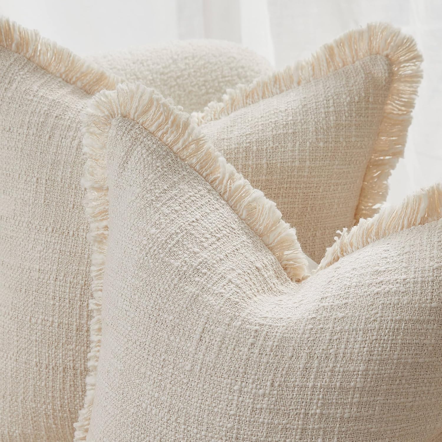 Decorative Throw Pillow Covers Set of 2,18x18 Inch Boho Farmhouse Cushion Covers with Tassels Natural Fringe Design for Couch Sofa Living Room Decor (Beige, 18"x18"(Pack of 2))