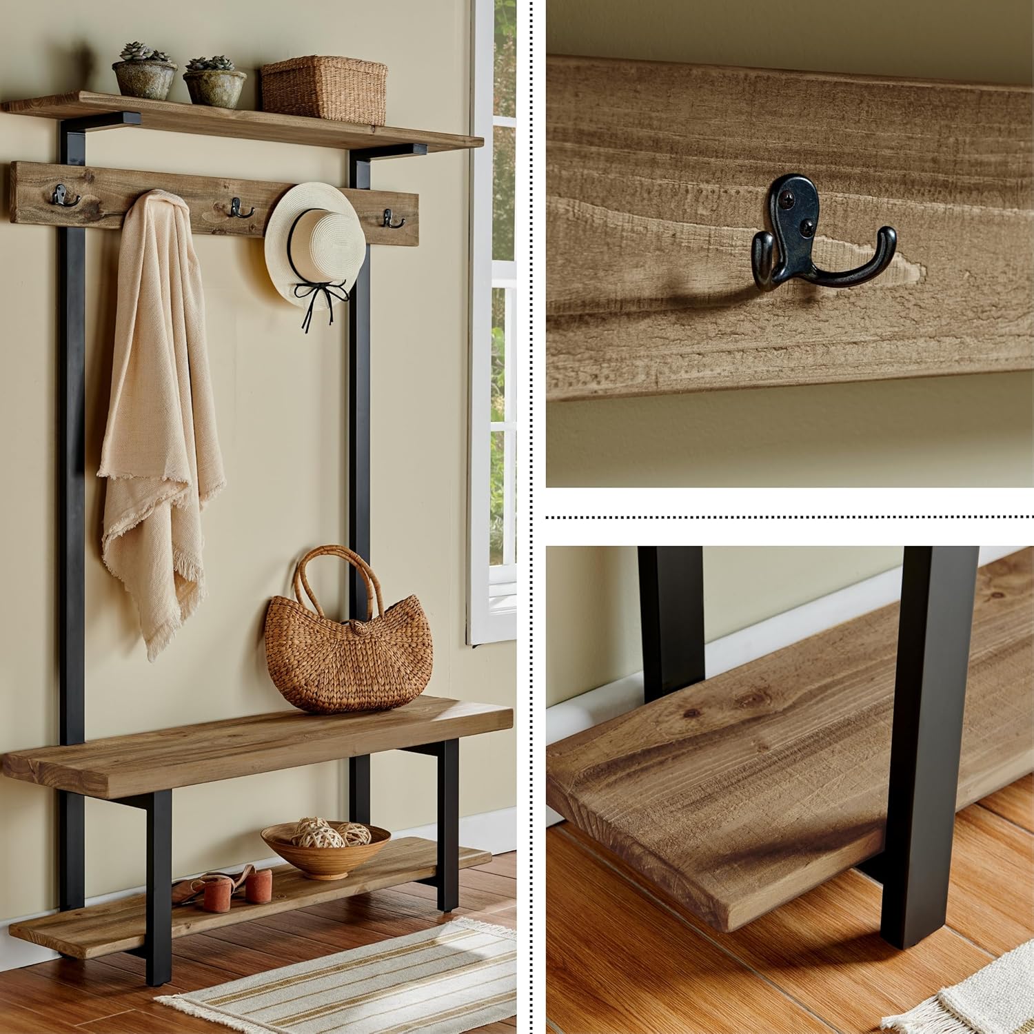 Alaterre Furniture Pomona Coat Hooks – Modern Farmhouse 48" Solid Wood Hall Tree with Bench, Shelves & Metal Coat Hooks – Mudroom & Foyer Storage for Jackets, Bags & Shoes (Rustic Brown)