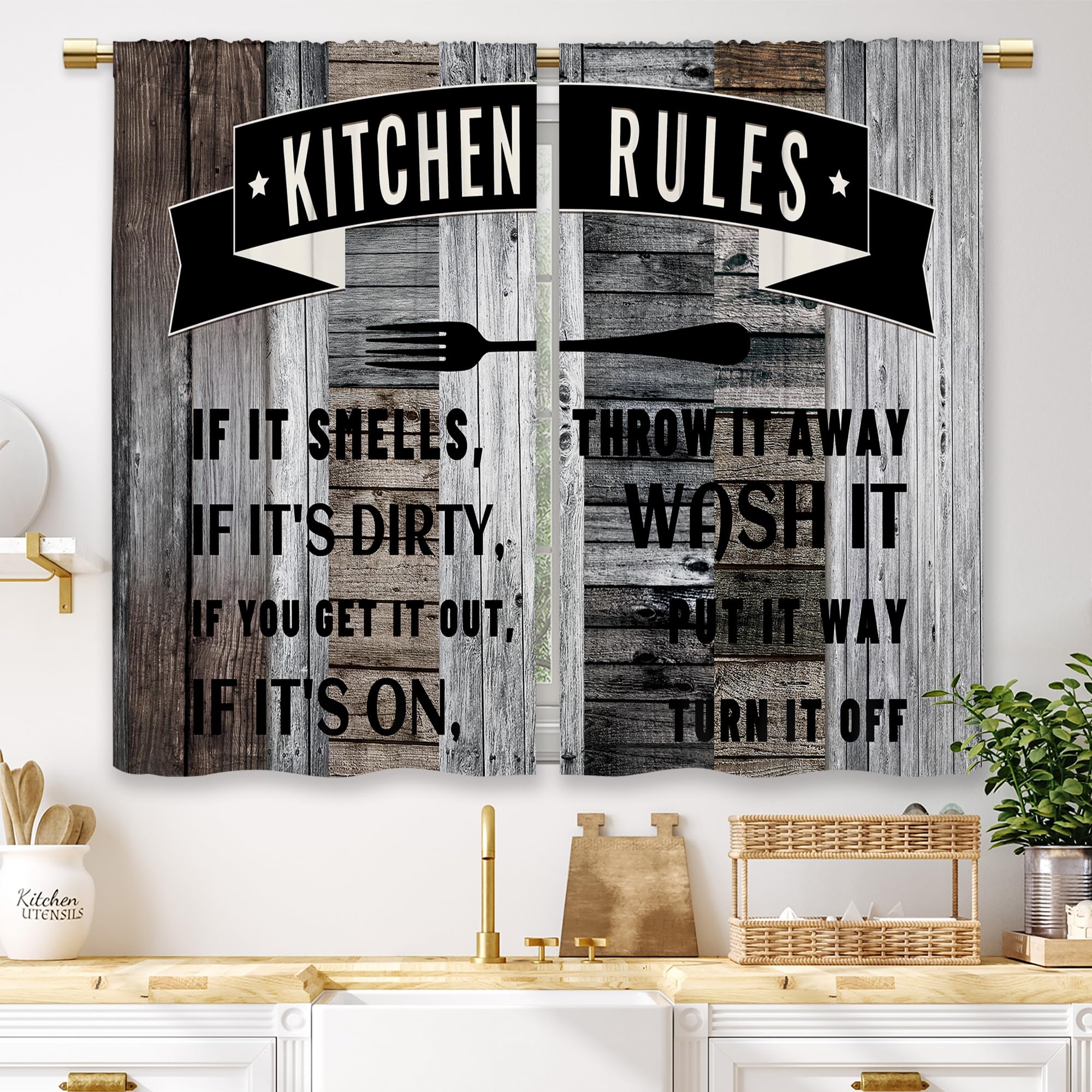 Farmhouse Rustic Kitchen Rules Kitchen Curtains Wooden Wood Small Short Cafe Window Curtains Vintage Fork Retro Plank Bathroom Living Room Bedroom Drapes Treatment 2 Panels (27.5x39 Inch)