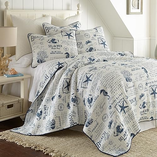 Levtex Home Beach Life - Juego de edredón de algodón, tamaño matrimonialqueen, color azul marino
