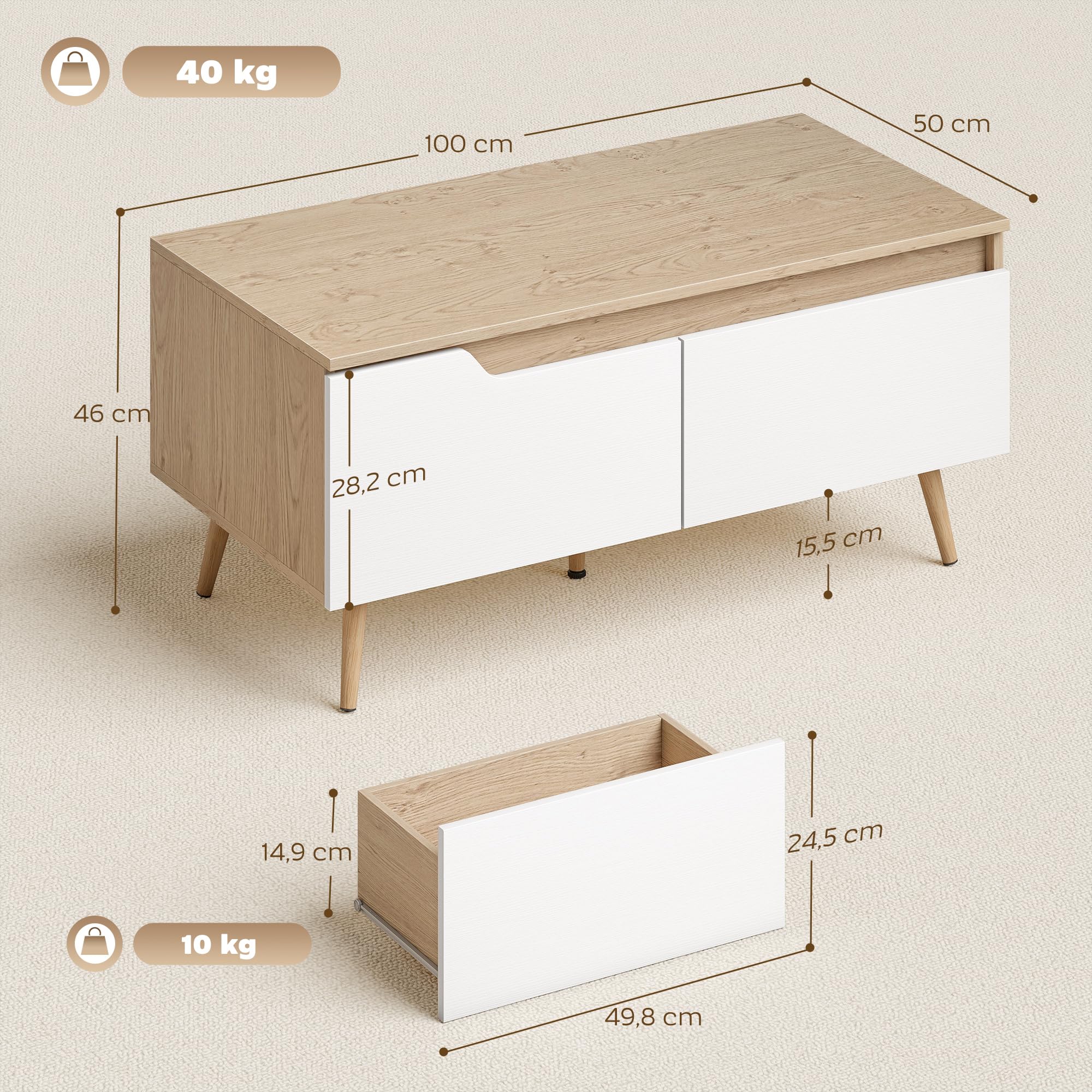 HOMCOM Mesa de Centro, Mesita Moderna con 2 Cajones 100x50x46cm Roble | Mesa Baja, Patas de Madera de Pino, para Sala de Estar, Dormitorio