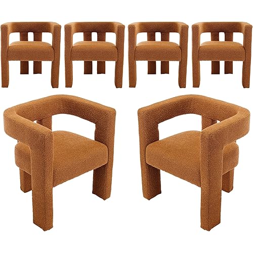 GNIXUU Modern Barrel Dining Chairs Set of 6, Upholstered Accent Chair, Comfy Side Chair Lounge Armchair for Kitchen, Living Room, Reception, Coffee Brown