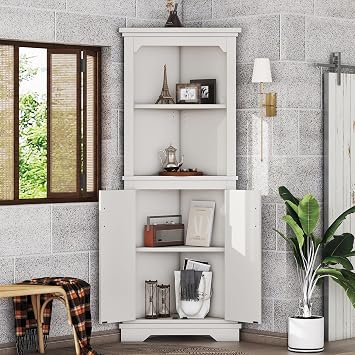 White Tall Corner Cabinet, Corner Storage Cabinet with Doors, Farmhouse Wooden Corner Hutch Display Cabinet, Bathroom Floor Cabinets for Living Room, Kitchen
