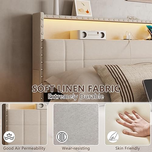 Miniatura 9 de Forestell Base de cama Queen con 4 cajones y cabecera de almacenamiento, base de cama tapizada tamaño Queen con luces LED y estación de carga,