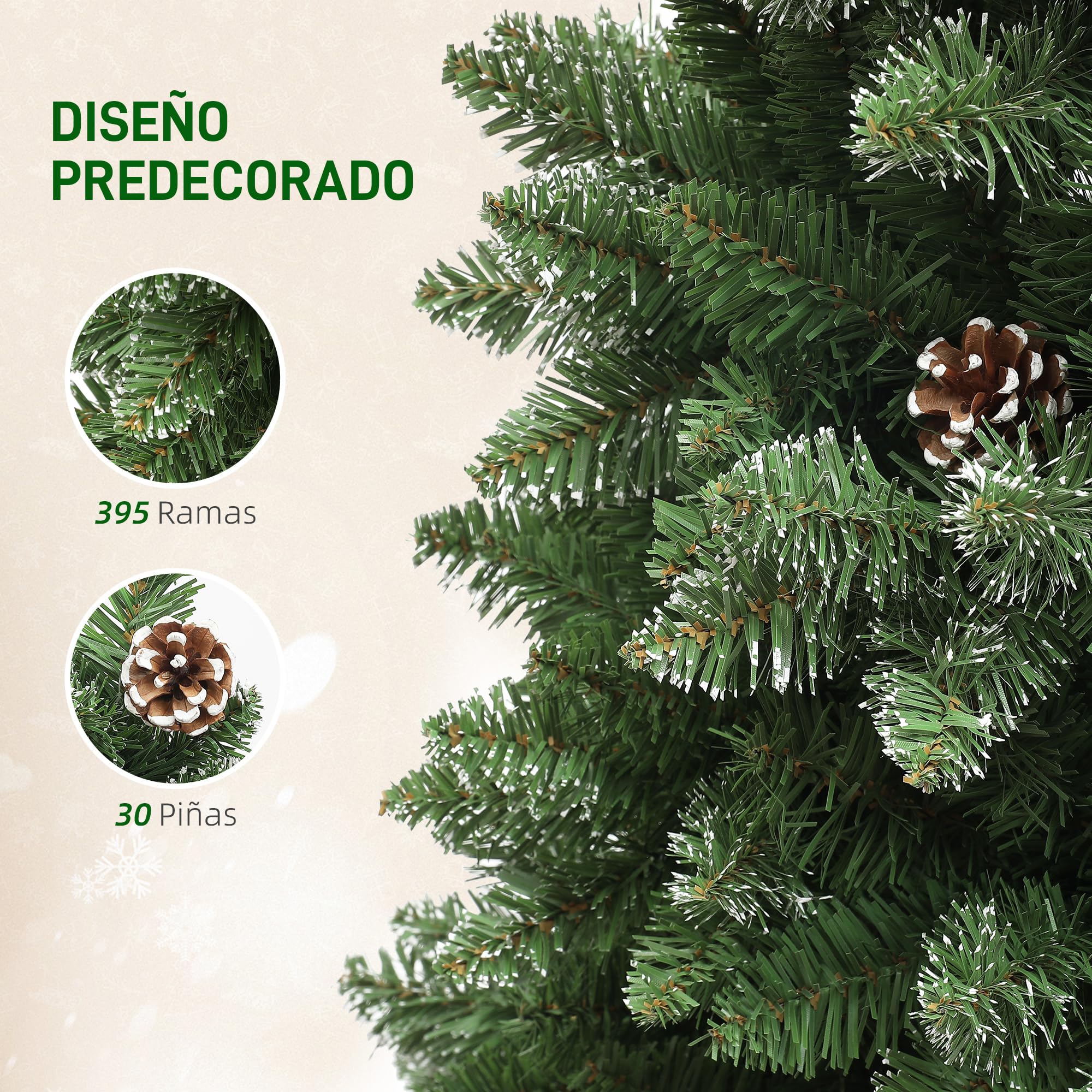 HOMCOM Árbol de Navidad Estrecho 150 cm Árbol de Navidad Artificial con 395 Ramas 30 Piñas y Soporte de Metal Árbol Navideño para Salón Interior Verde