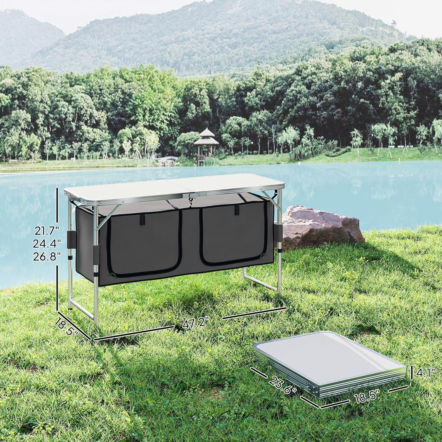 Outsunny 47" Aluminum Folding Camping Table, Adjustable Height Outdoor Picnic Table with Carrying Handle and Storage Organizer Cabinets