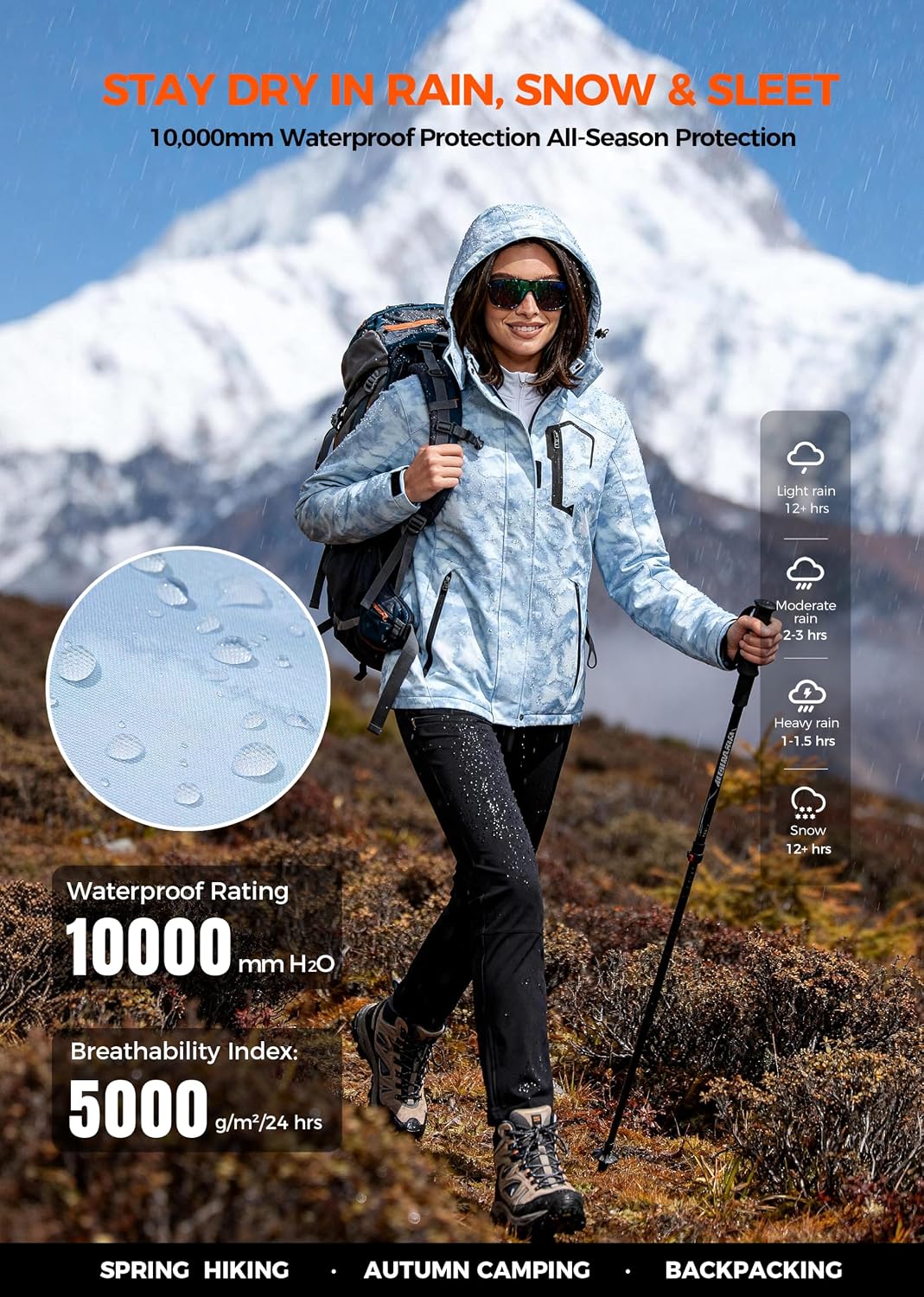wantdo Women's Waterproof Ski Jacket Warm Fleece Lined Snow Winter Coat | 10000mm Waterproof Snowboard Jacket for Skiing, Hiking, Commute, Removable Hood, 5 Pocket, Windproof Warm -10°F to 50°F