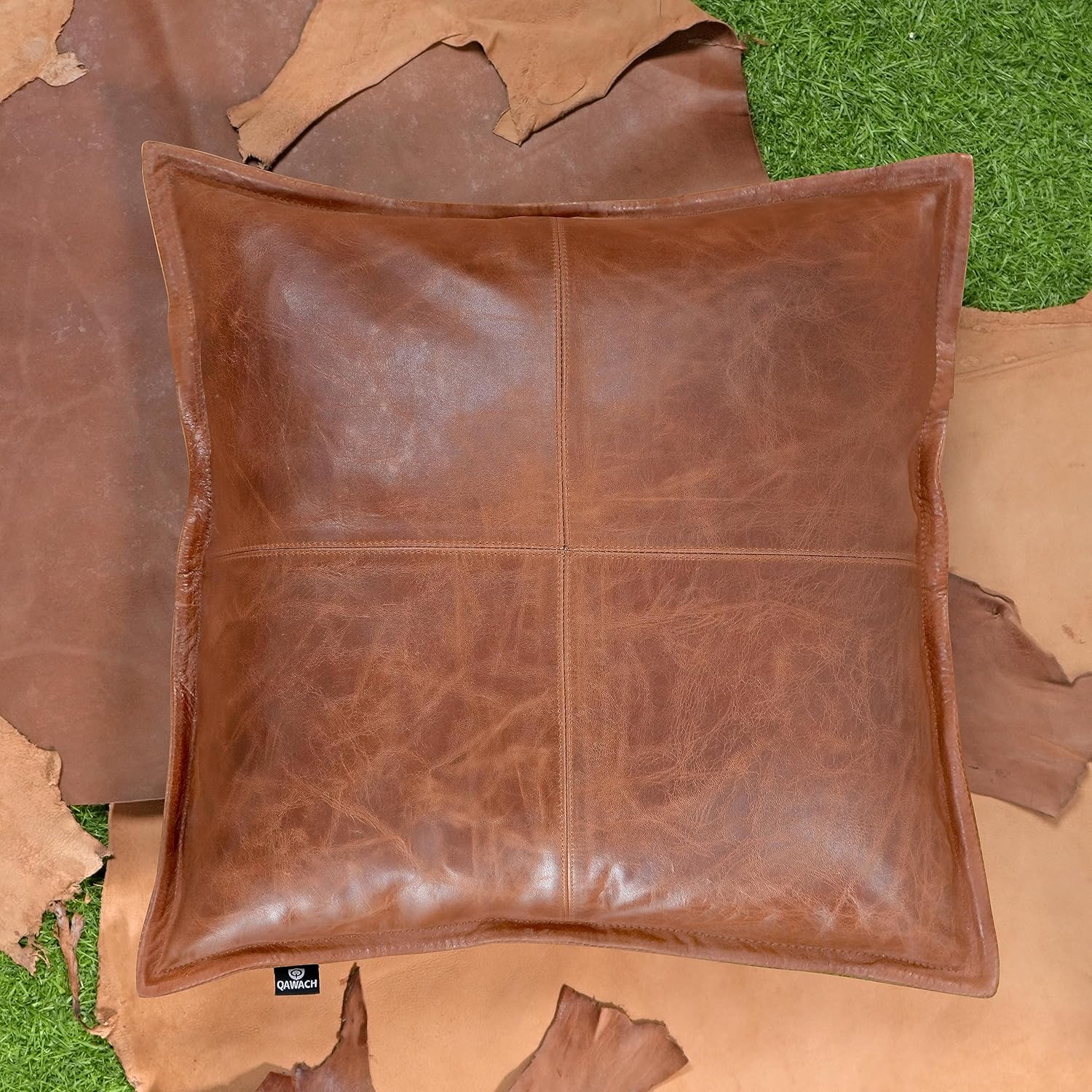 Lambskin Leather Pillow Cover - Chair, Bed, Chaise Lounge, Sofa Cushion Case - Decorative Throw Pillow Covers for Living Room & Bedroom 18 x 18 Inches - Tan Crunch Box Pack of 2