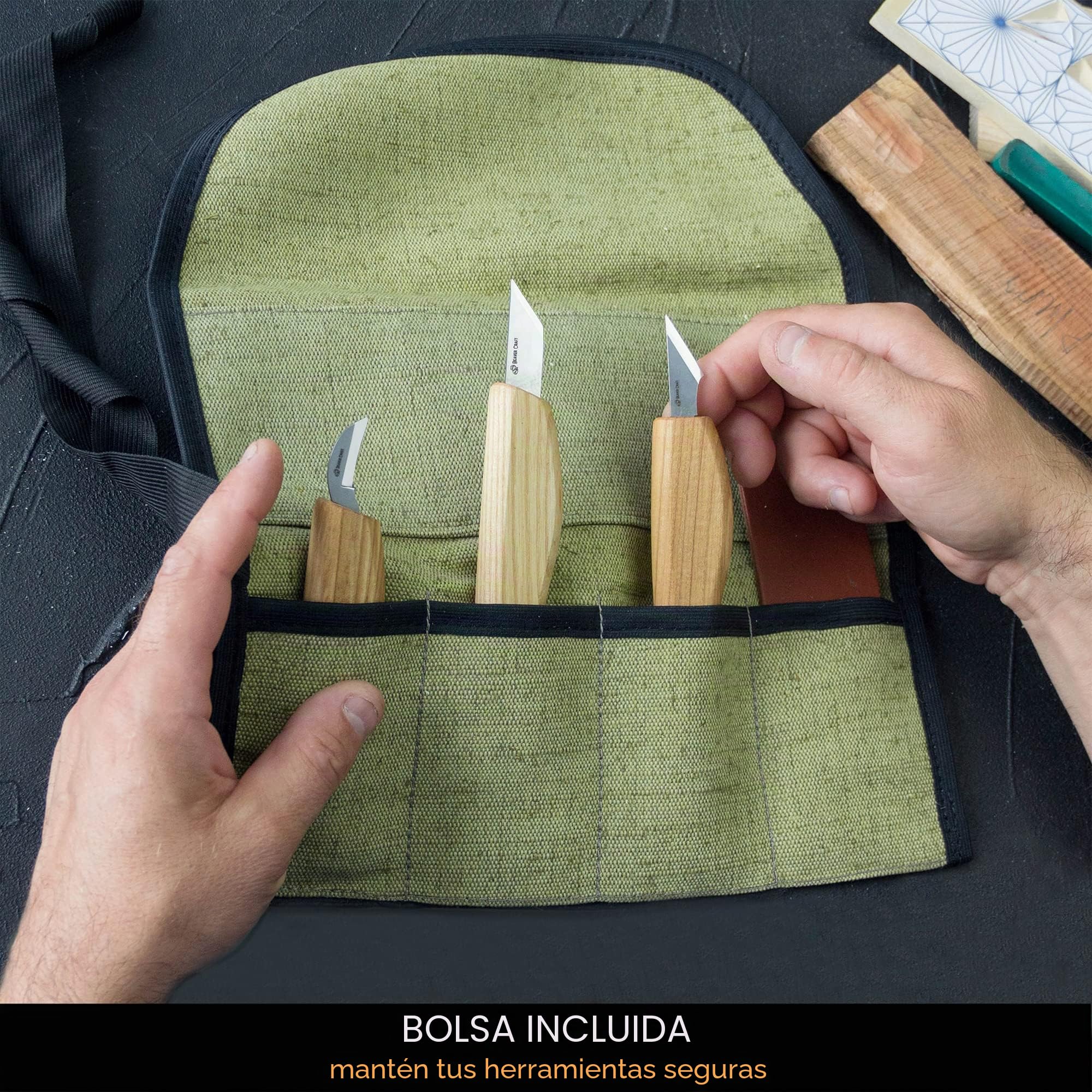 BeaverCraft Kit Cuchillos Tallado Madera S55 – Set Whittling para Principiantes con Cuchillos Detalle Chip y Correa de Cuero, Herramientas Whittling, Pasatiempos para Hombres