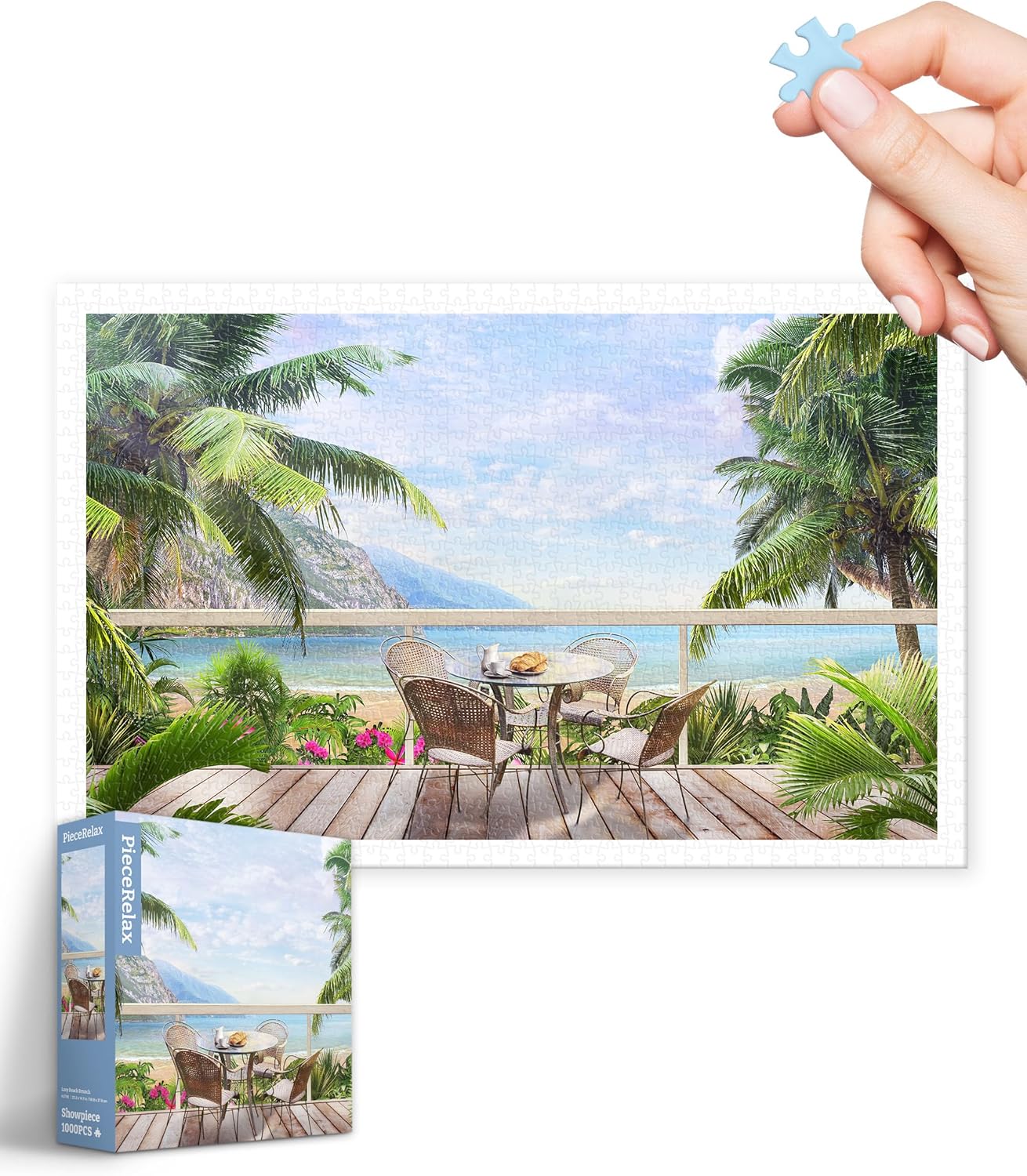 PieceRelax Plastic Jigsaw Puzzles for Adults 1000 Pieces - Lazy Beach Brunch Most Satisfying Table Games and Gifts No Puzzle Mat Required [H3798]