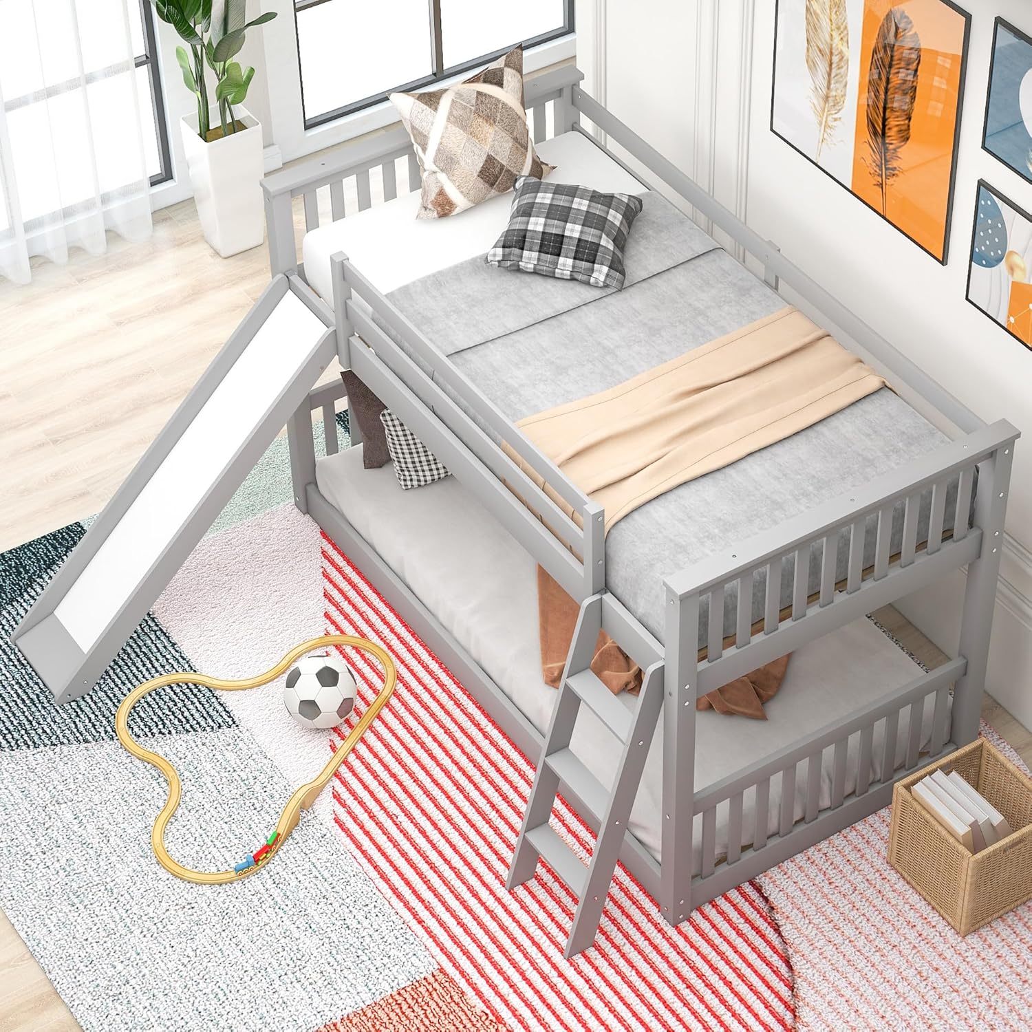 Twin Over Twin Low Bunk Beds with Slide for Kids Wood Floor Bunk Bed Frame for Boys Girls Teens’ Bedroom Dorm, Gray