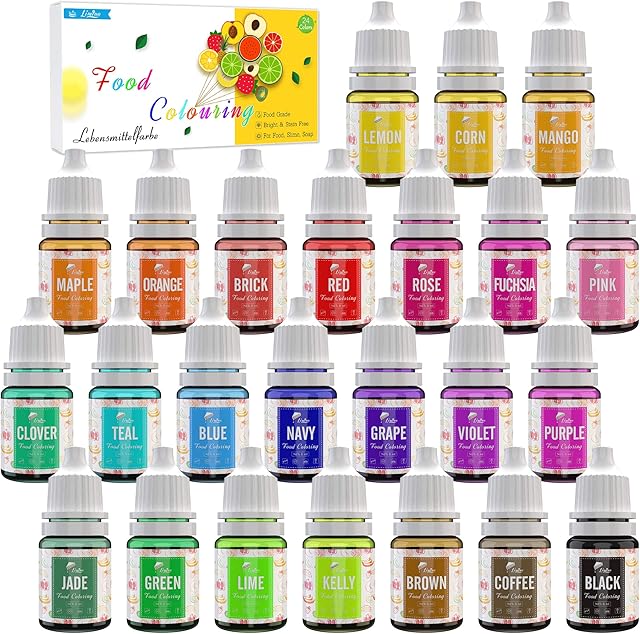 Food Colouring - 24 Colours Liquid Variety Cake Icing Food Colouring Kit for Baking, Decorating, Cooking and Fondant - Vibrant Food Colour Dye for Airbrush, DIY Slime Making and Crafts - 6ml Each