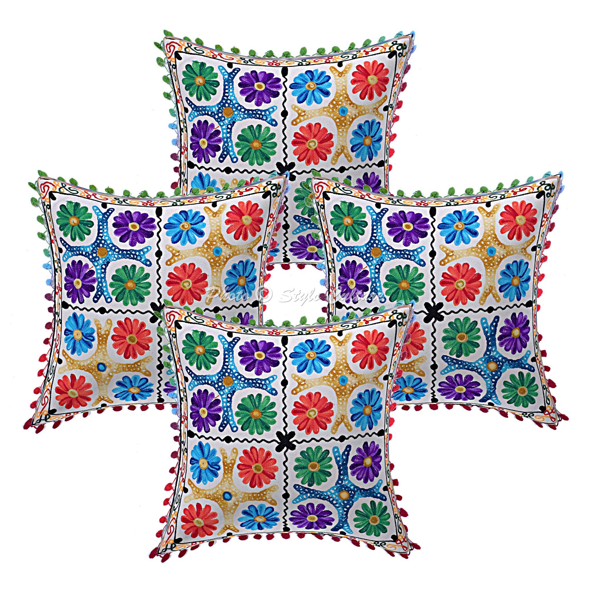 Ethnisch Dekorativ Baumwolle Couch Kissenbezüge 40x40 cm Mehrfarbig Dekokissen Suzani Bestickte Pom-Pom-Spitze Schlafzimmer Sofa Kissen Bezüge Blumen Quadrat Kissenhullen - 4 STK.