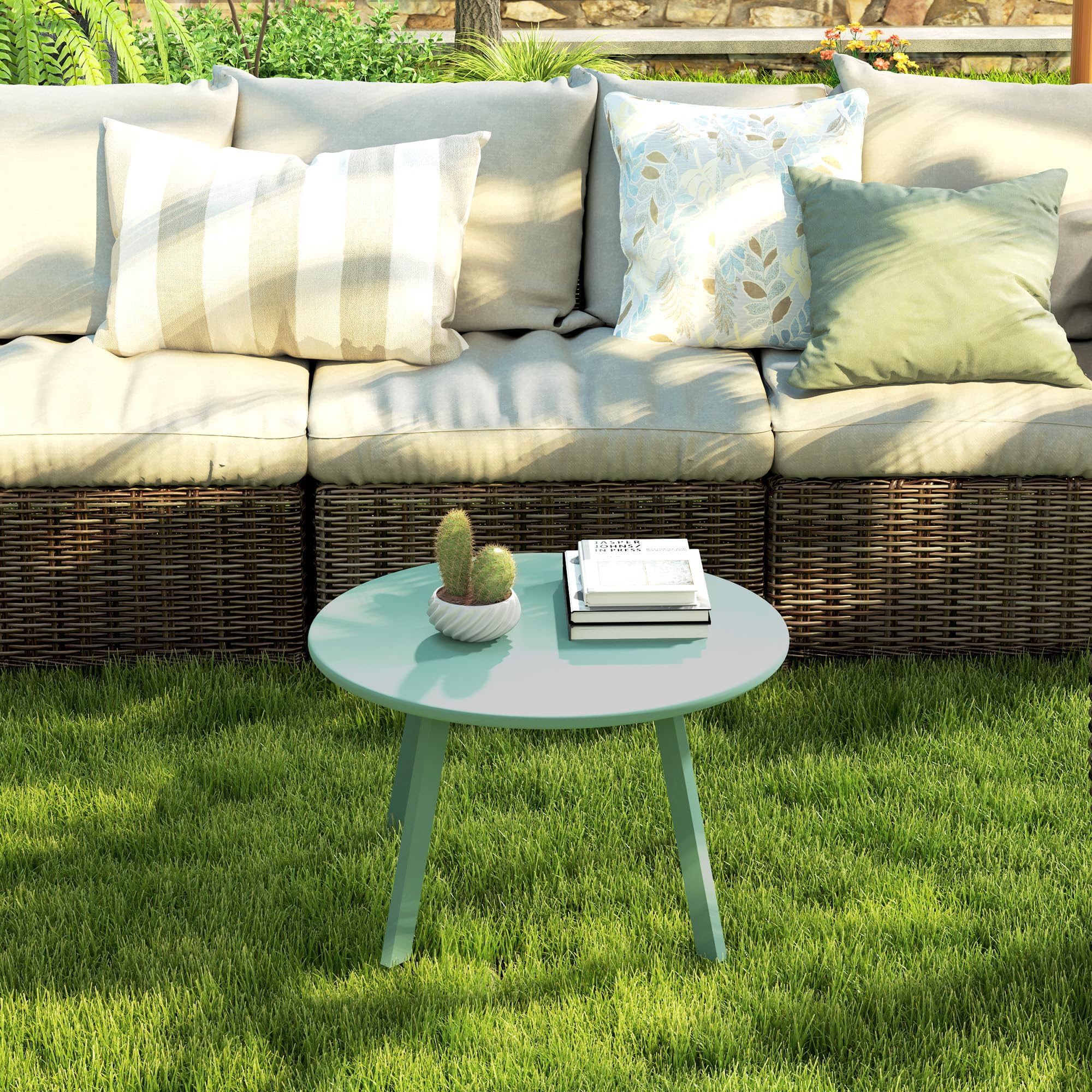 Outsunny Mesa de Centro Redonda pequeña, Mesa Auxiliar con deslizantes Antideslizantes, Estructura de Metal, para jardín, balcón, terraza, salón, Ø 70 x 42 cm, Verde