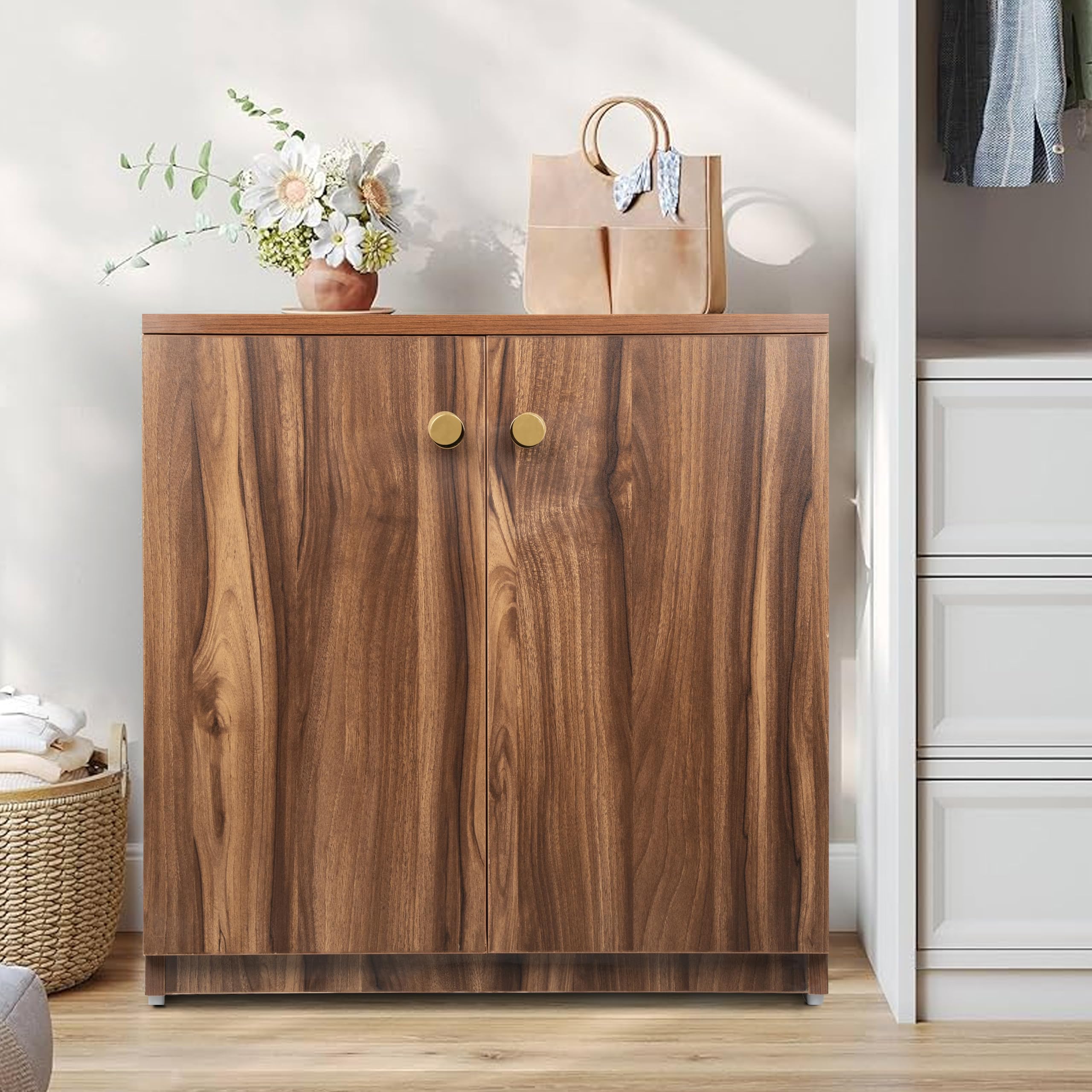 Wooden Shoe Rack with Doors | 3 Tier Closed Shoe Cabinet for Home | Space Saving Footwear Storage Unit for Entryway, Living Room & Bedroom (Dark Asain, 3 Shelves)-image-45