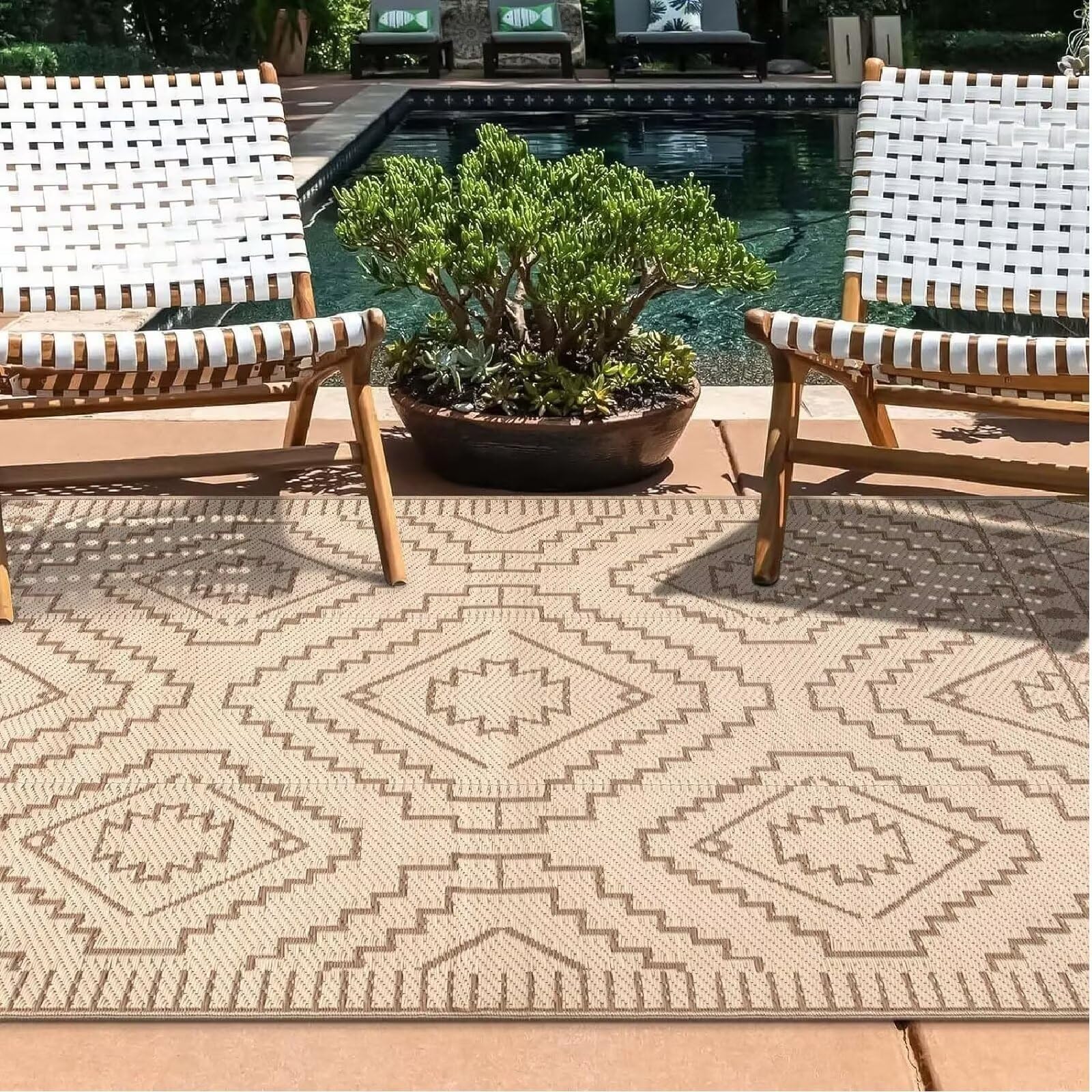 Dywan zewnętrzny, wodoodporny, ponadwymiarowy, na patio, antypoślizgowy, tkany plastikowy dywan ze słomy, do ogrodu, kampera, kampera, na balkon, podwórko, taras, beżowy, 100 x 160 cm
