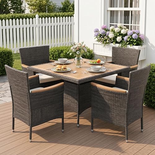 Wisteria Lane 5-Piece Outdoor Patio Dining Set with Acacia Wood Table & 4 Rattan Wicker Chairs, Grey-Beige Wisteria Lane 5-Piece Outdoor Patio Dining Set with Acacia Wood Table & 4 Rattan Wicker Chairs, Grey-Beige