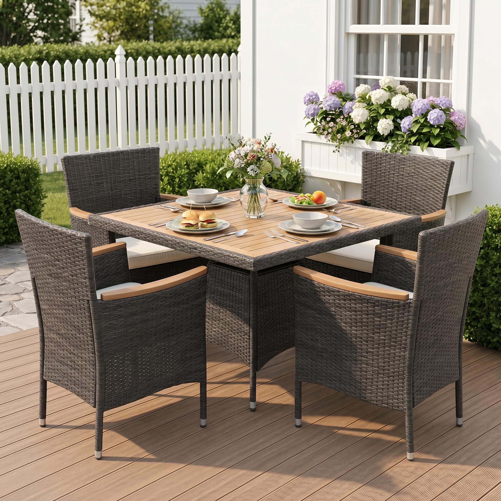 Rattan Patio Dining Set with Acacia Wood