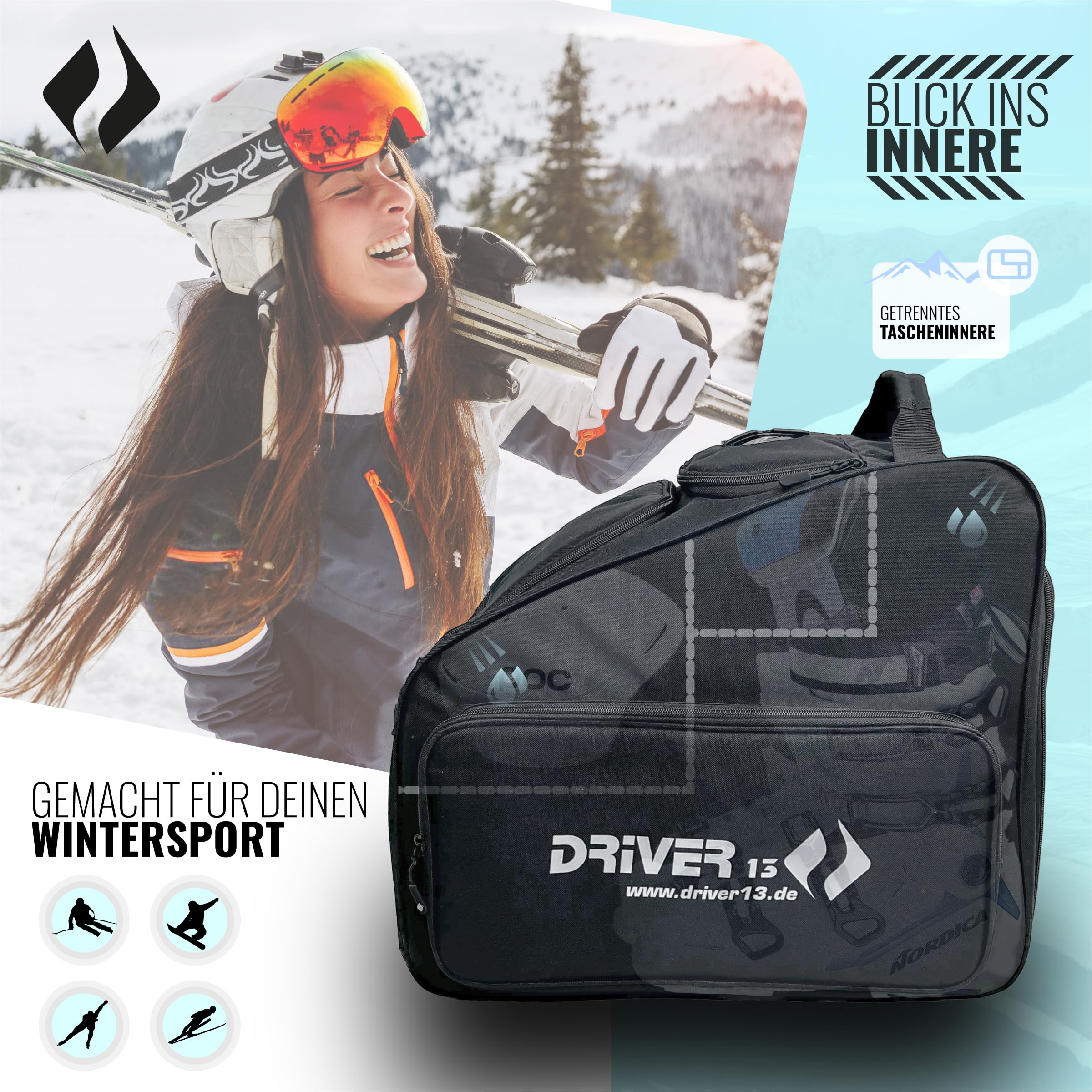 Driver13 Bolsa para Botas de esquí con Compartimento para Casco, Negro