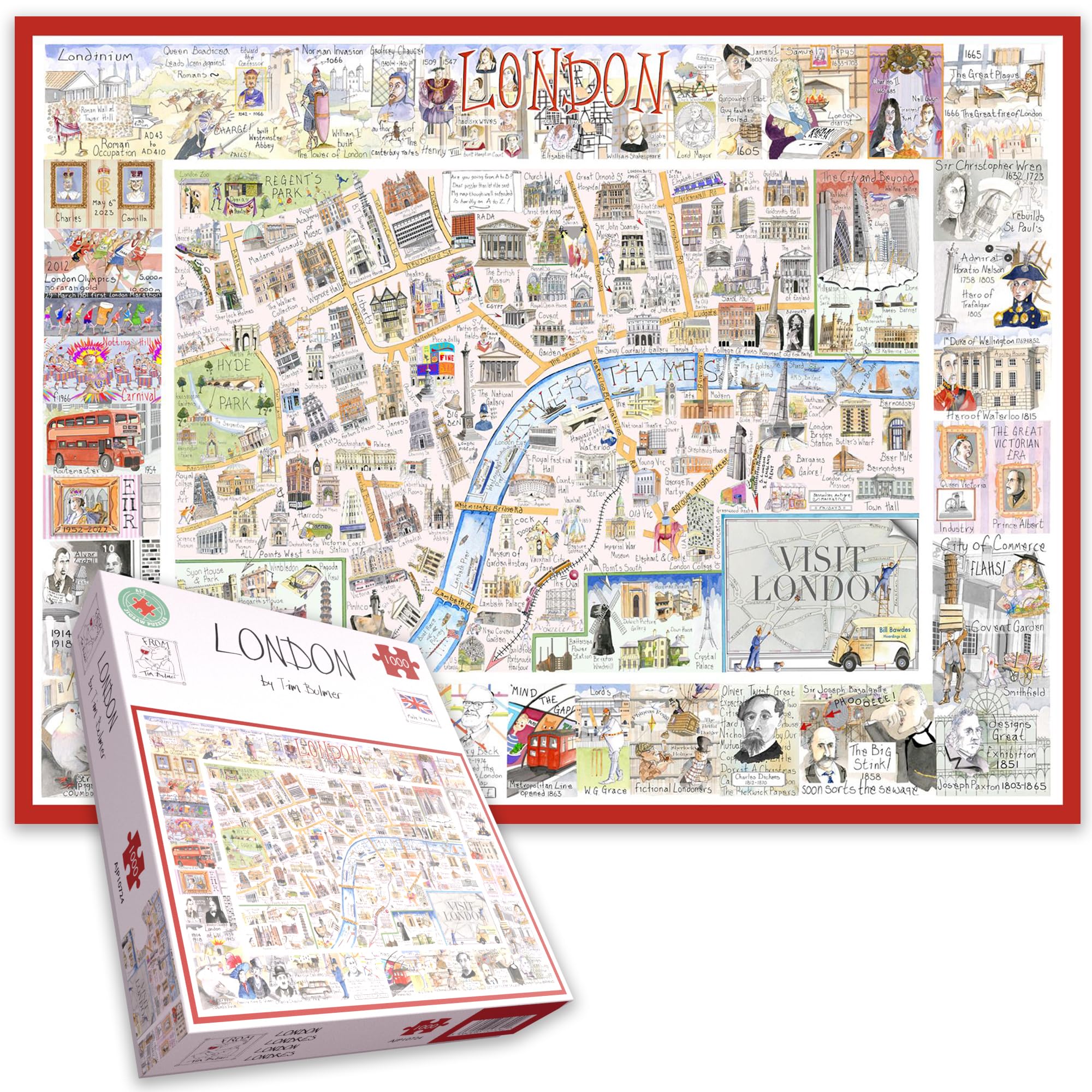 1000-Piece Puzzle Comical Map of London with Landmarks & Tourist Attractions by Tim Bulmer for Adults Large 66cm x 50cm Size - Delightfully Challenging Yet Humorously Fun!