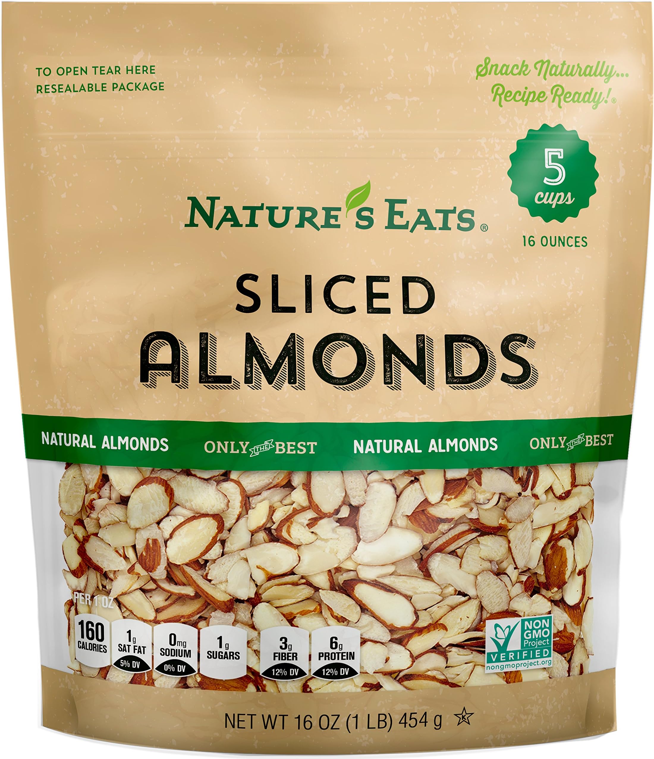 Nature’s Eats Natural Sliced Almonds - Blanched Thin-Cut Almonds for Baking, Salads, Granola, and Snacks - Heart Healthy, High Protein, Gluten Free, Keto Friendly - Bulk 16 oz Resealable Bag