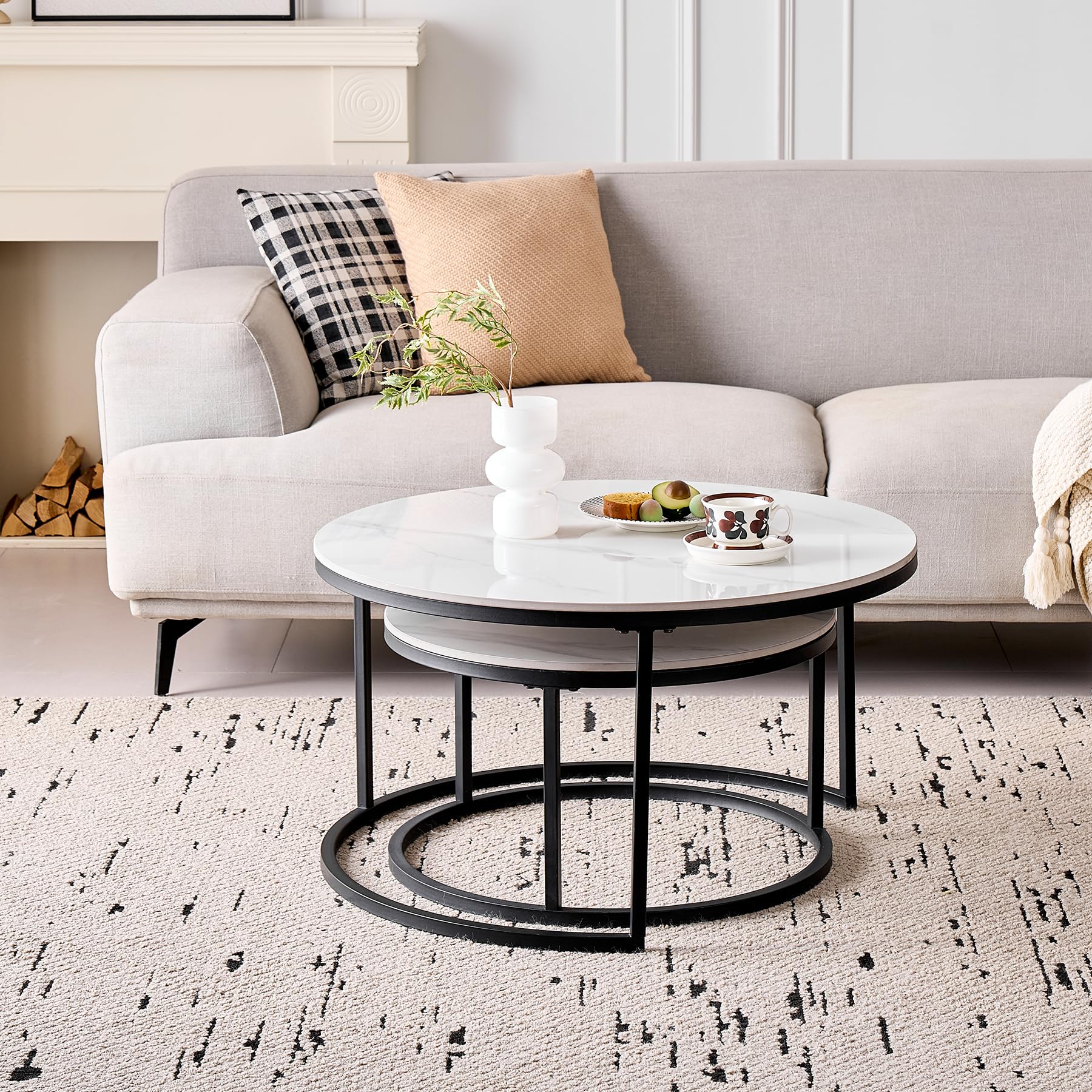 Lot de 2 Tables Basses Gigognes Ronde avec Plateau en Céramique Technique (Non en MDF),Tables D'Appoint Idéal pour Salon, Chambre, Balcon (Blanc+Noir), 50+70cm