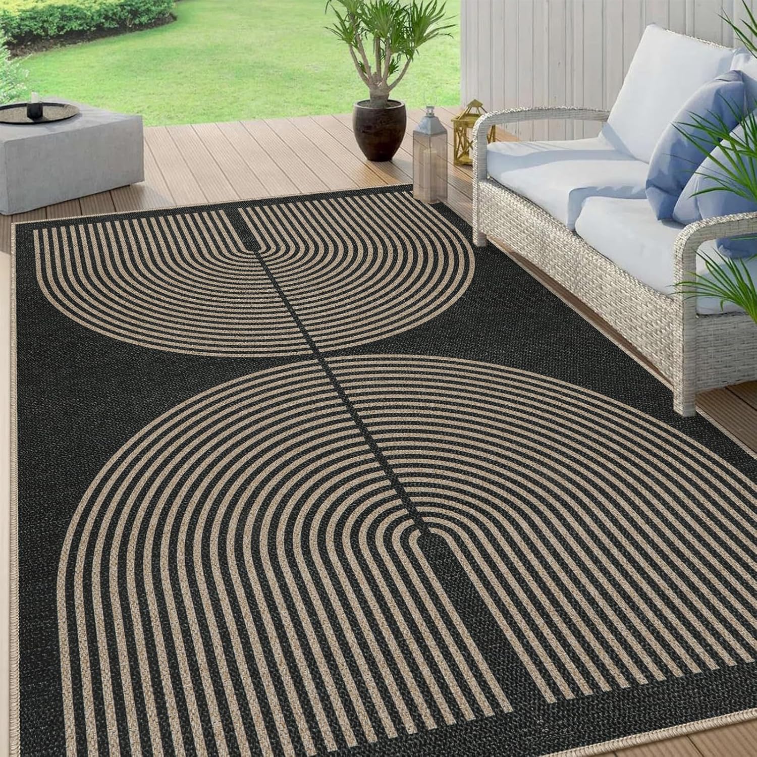 Lahome Modern Rainbow Easy Jute Rug, 6x9 Area Rugs for Living Room Outdoor Patio Rug Washable Indoor Outdoor Dining Room Rug, Farmhouse Large Bedroom Rug Non Slip Carpet for Backyard Office 6' X 9' Dark Grey/Charcoal Black