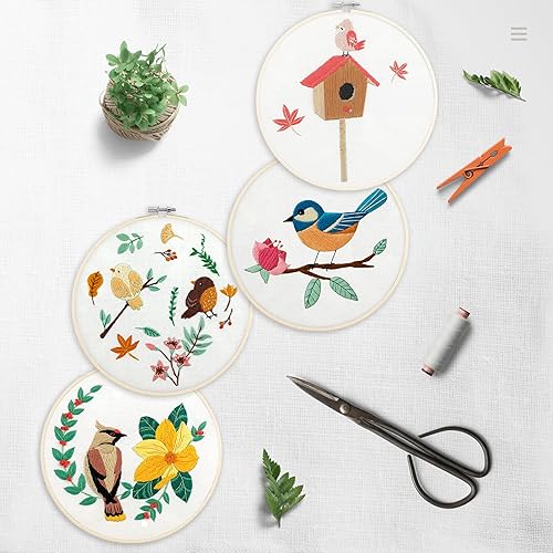 Miniatura 8 de Bonroy Juego de 4 juegos de bordado para principiantes, kit de bordado para manualidades, costura práctica que incluye ropa de bordado con patrón,